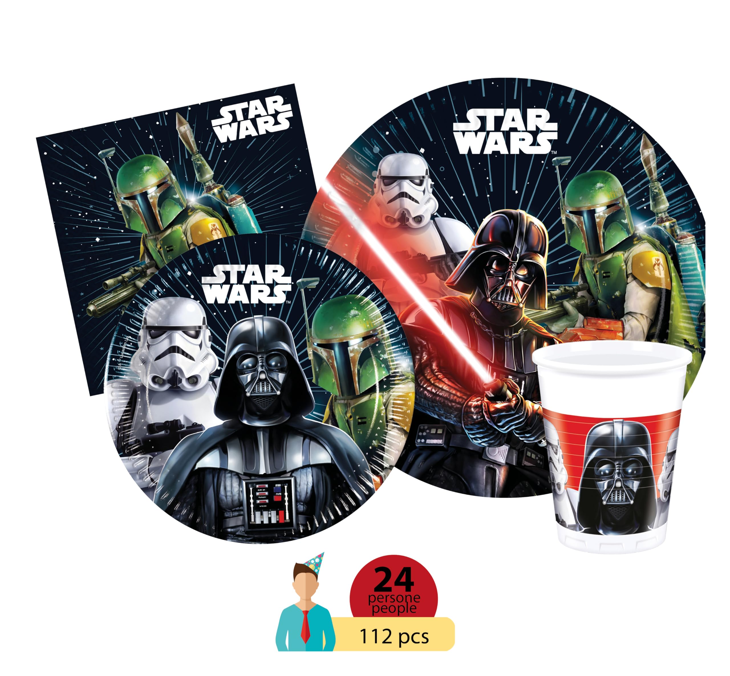 Kit Vaisselle de Fête Star Wars Galaxy pour 24 personnes (112 pcs: 24 assiettes Ø23cm, 24 assiettes Ø20cm, 24 gobelets 200ml, 40 serviettes 33x33cm)