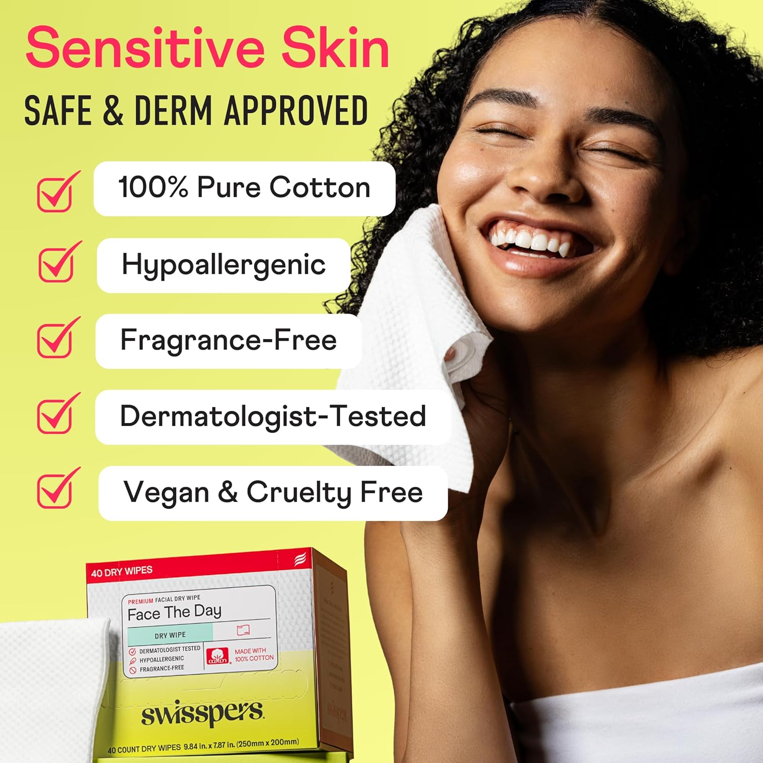 Swisspers Premium 100% Cotton Dry Facial Wipes - Hypoallergenic, Biodegradable Beauty Cloths with Dot Embossing - Vegan Makeup Remover Towelettes for Women & Men, 40 Count (Pack of 4)