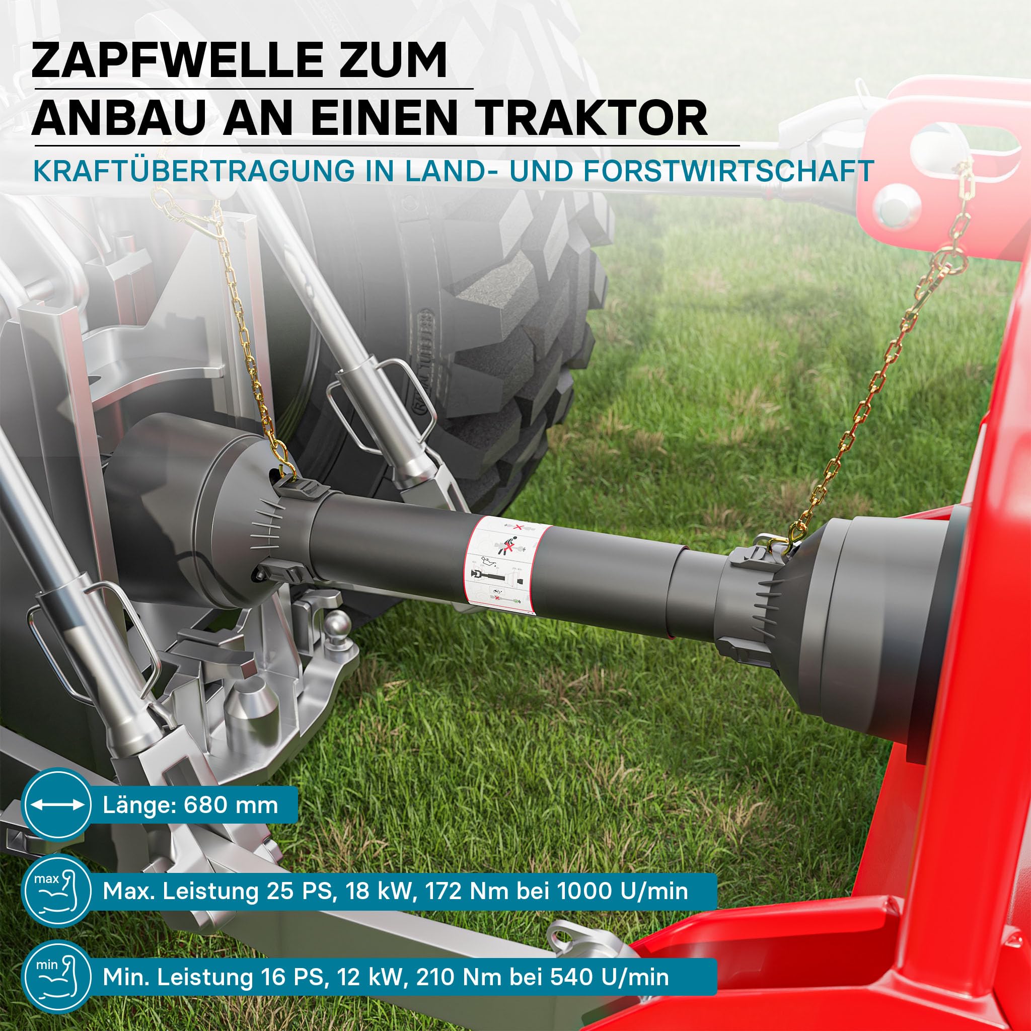 Wiltec Zapfwelle T1 Gelenkwelle 680mm 210Nm 540U/min, PTO-Shaft, 18kW (25PS), 2X 1 3/8" 6 Zähne