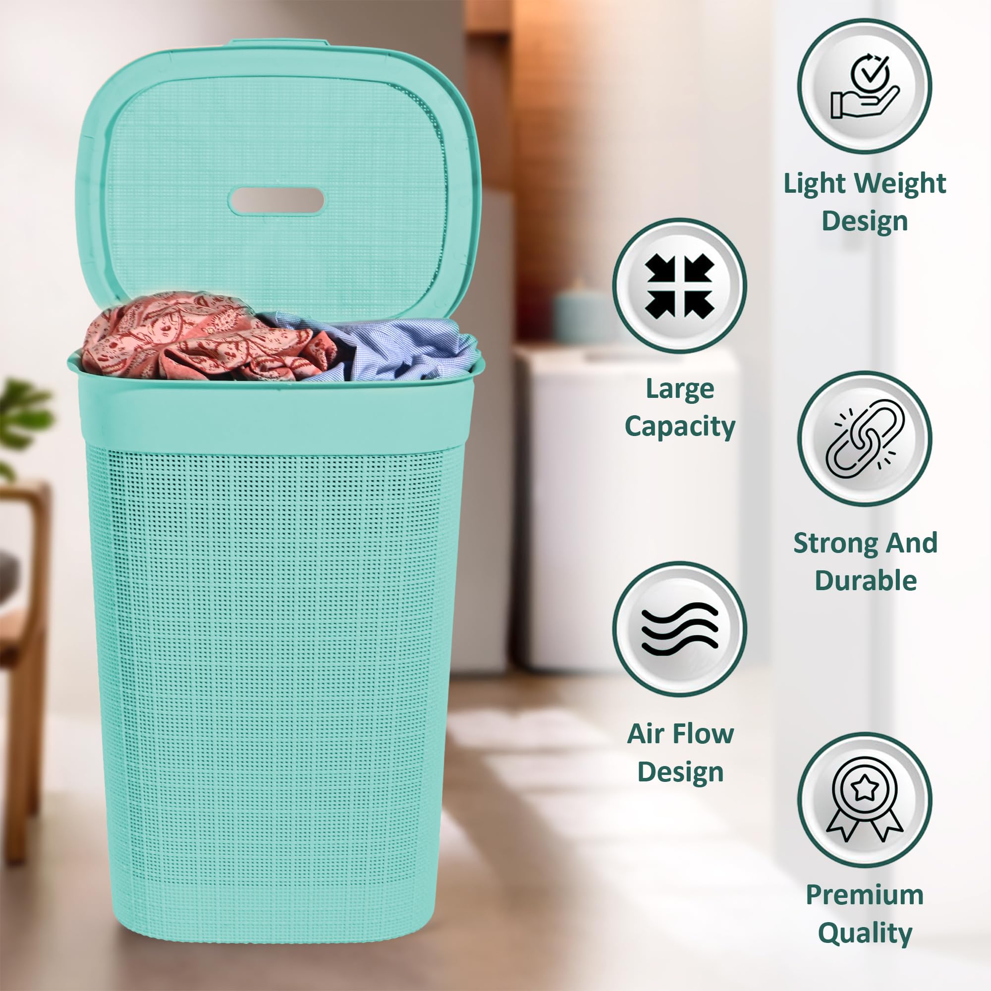 Kuber Industries Multipurpose Plastic Laundry Basket/Bin/Hamper|Durable Plastic & Woven Design|Storage Organizer With Lid,Size 44 x 44 x 60 CM, Capicity 55 Ltr. (Brown)-46HH0455 2