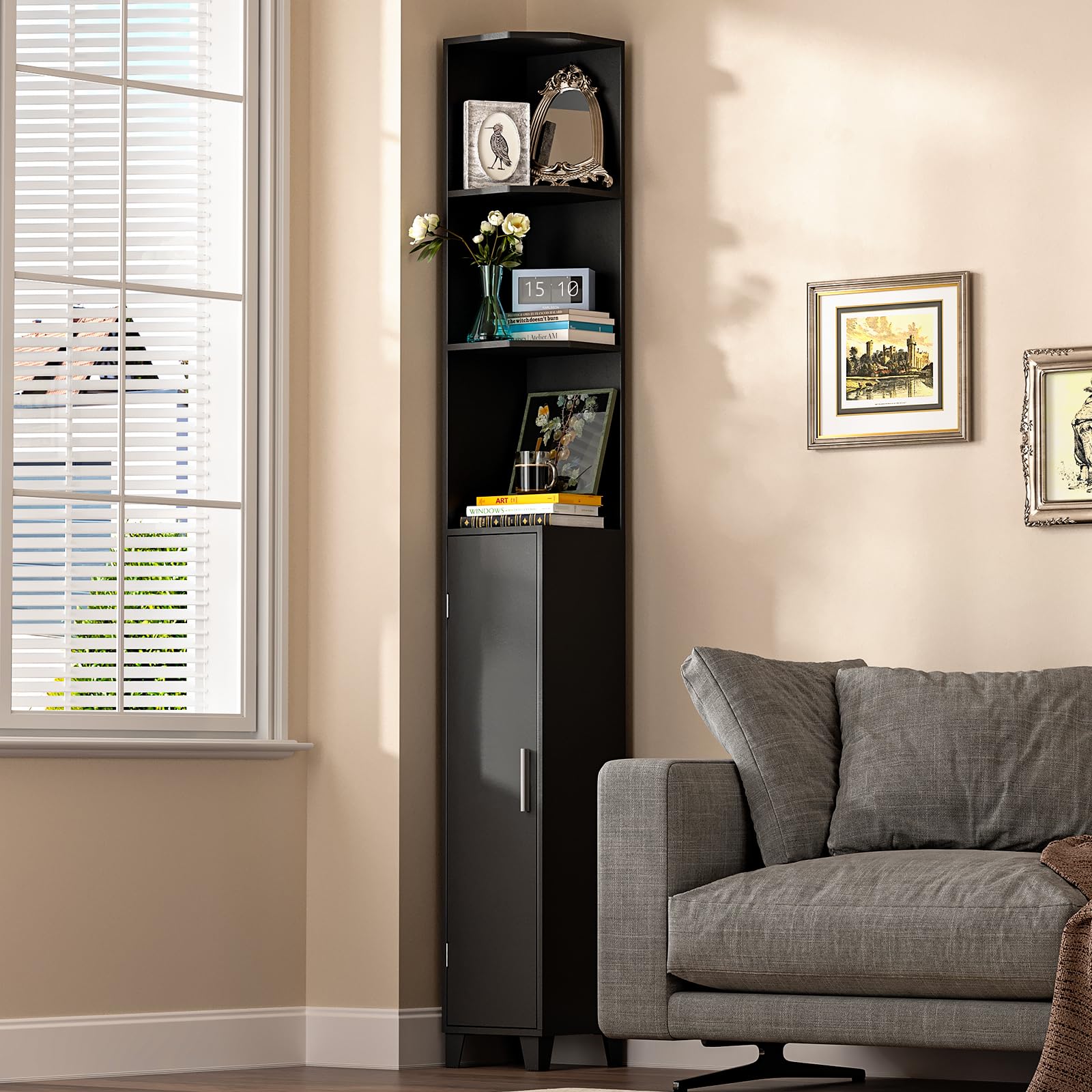 MOHOPE Corner Shelf with Cabinet, 74.8" Tall Corner Display Cabinet with Door, 5-Tier Narrow Bookshelf with Adjustable Shelves for Living Room,