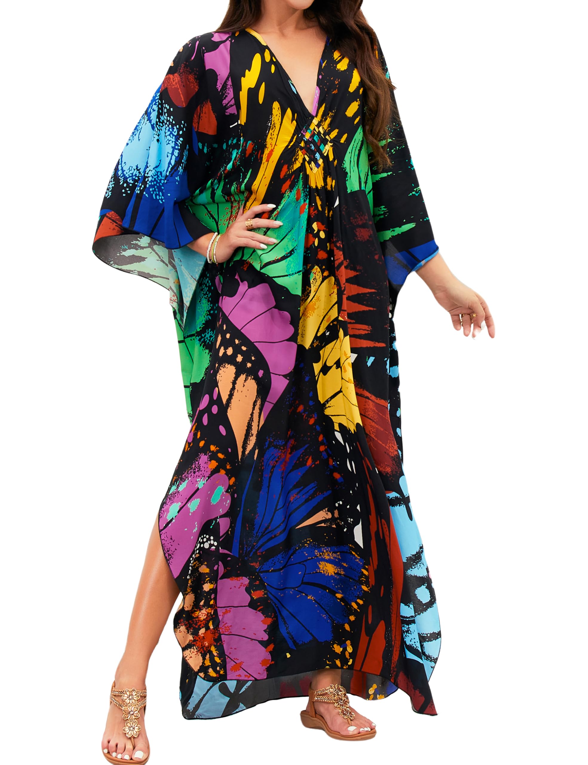 MAKABO Kaftan Dresses for Women V Neck Moo Moos Colorful Print Cover Ups | 100% Viscose Soft Skin Friendly, Breathable, Caftan Beach Dresses for Swimwear, Multi Pattern, Great Party Choice
