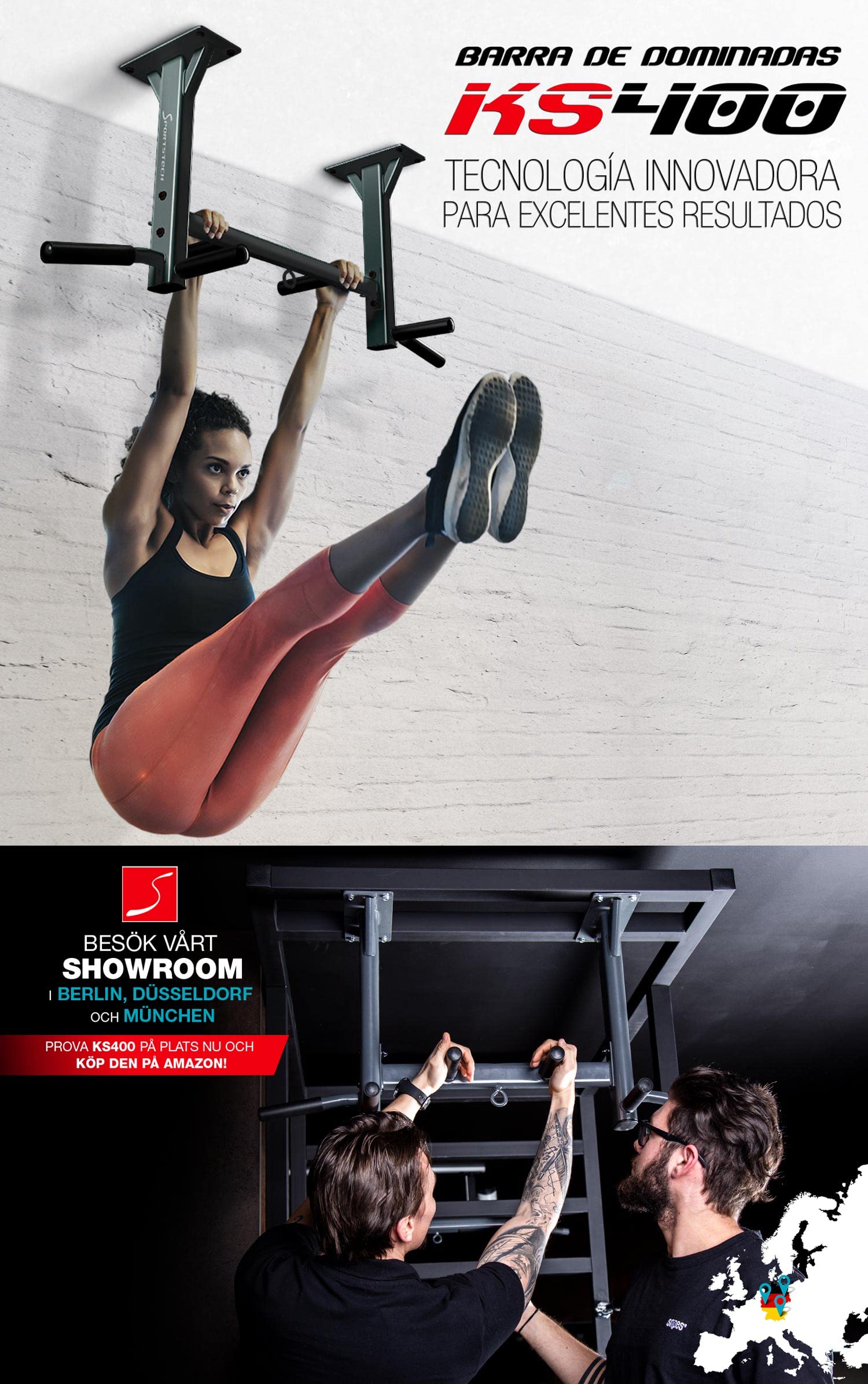 Sportstech Barra de dominadas 4 en 1 KS400, barra Pull-up para techo, 3 ojales para TRX y bolsa de caja, 6 tomas antideslizantes, muy estable para innumerables ejercicios, montaje al techo con 8