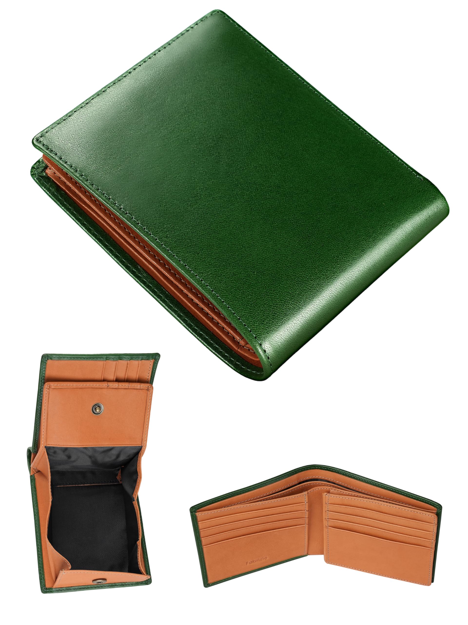 Fabrizio Men's Bifold Wallet, Box-Shaped, Coin Purse, Thin, Soft, Easy to Use, Italian Leather, Made by Leading Leather Craftsmen, Large Capacity, Genuine Leather, Shine Green : Clothing, Shoes & Jewe