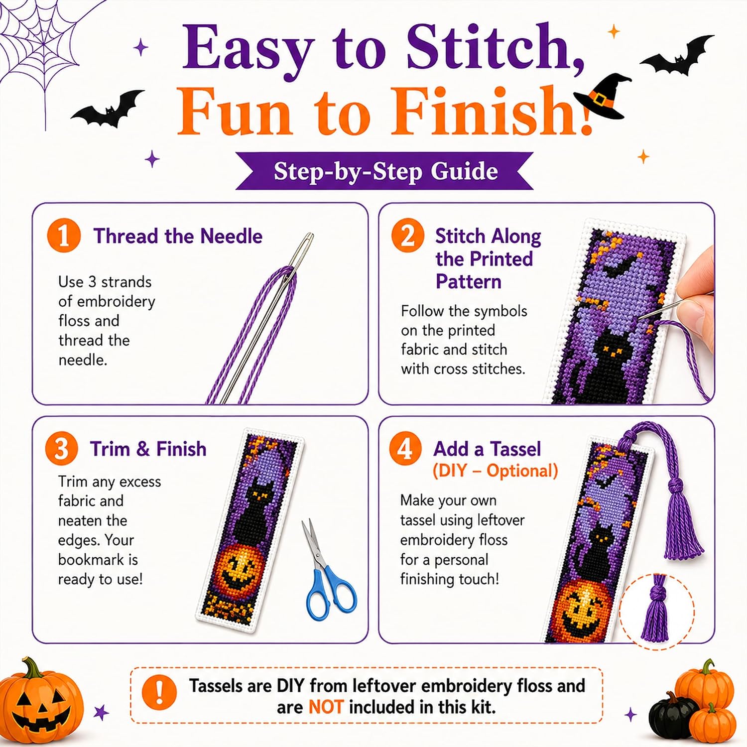 Zhenqing Halloween Stamped Cross Stitch Bookmark Kit, 6 Spooky Designs for Adults and Beginners, Book Lover Gift