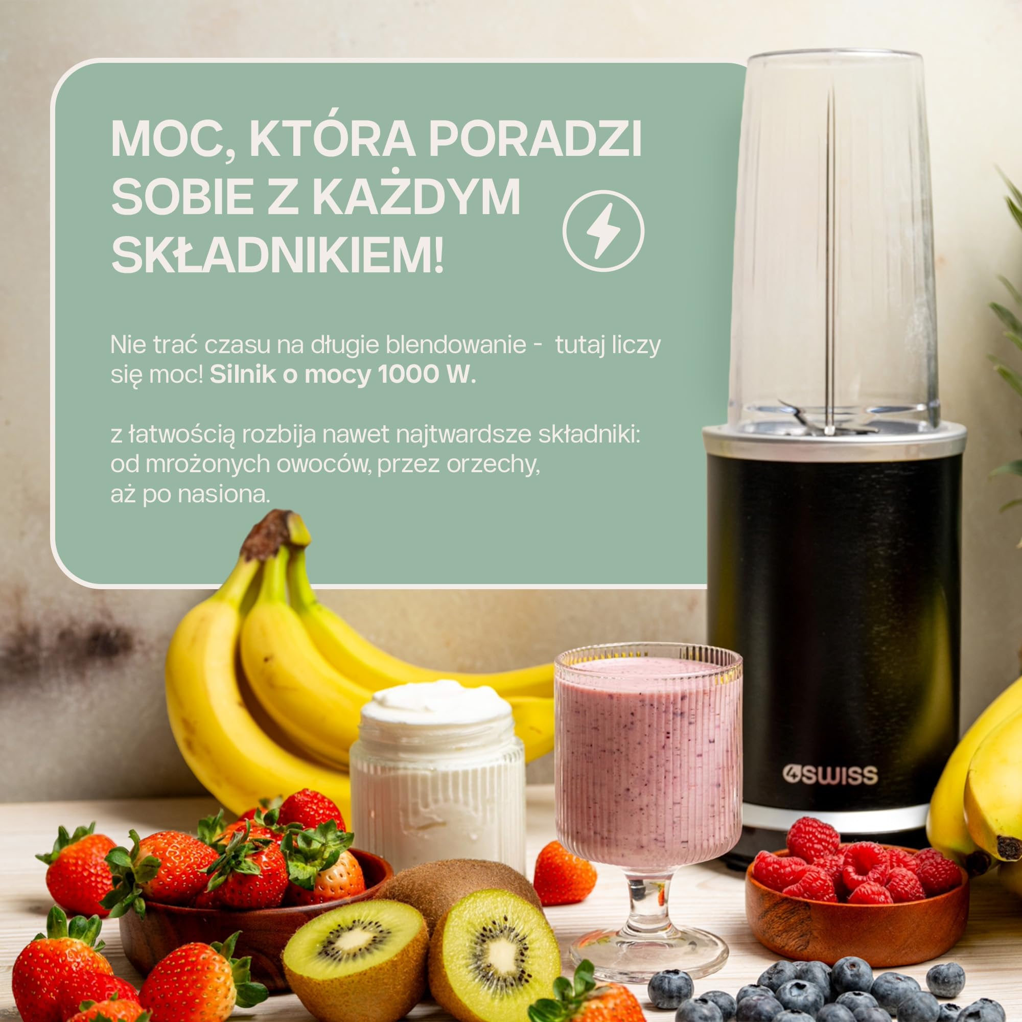 4Swiss Blender Kielichowy Kuchenny Mikser Elektryczny do Smoothie Koktajli Owoców Warzyw Mixer Małe AGD Wysokiej Mocy Wielofunkcyjny Lód Kruszenie Blendowanie Urządzenie Kuchenne – NB102 Czarny