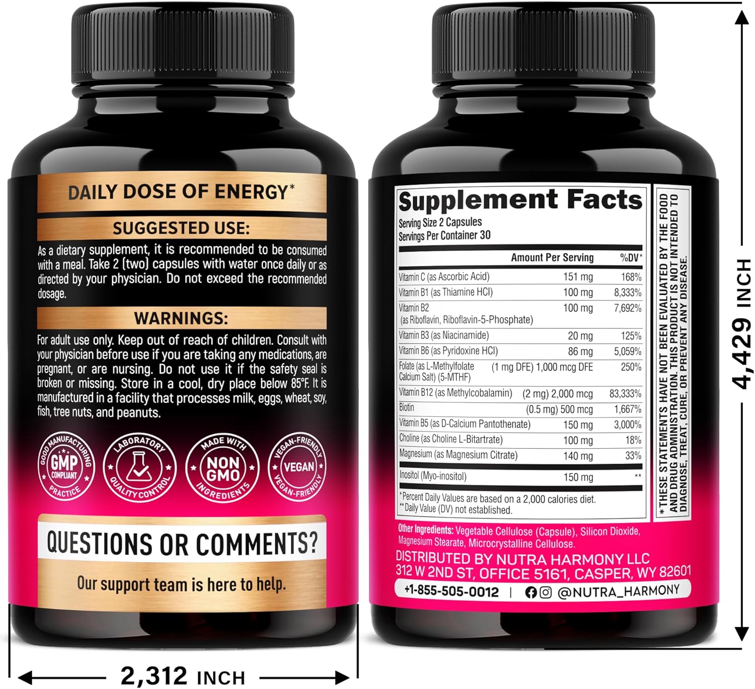 Vitamin B Complex for Men & Women - Riboflavin B2, B12, B1, B3, B5, B6, B7, B8, B9 | Vitamin C, Choline, Inositol - B-Complex Supplement - Energy, Brain & Heart Support - Made in USA, 60 Vegan Caps