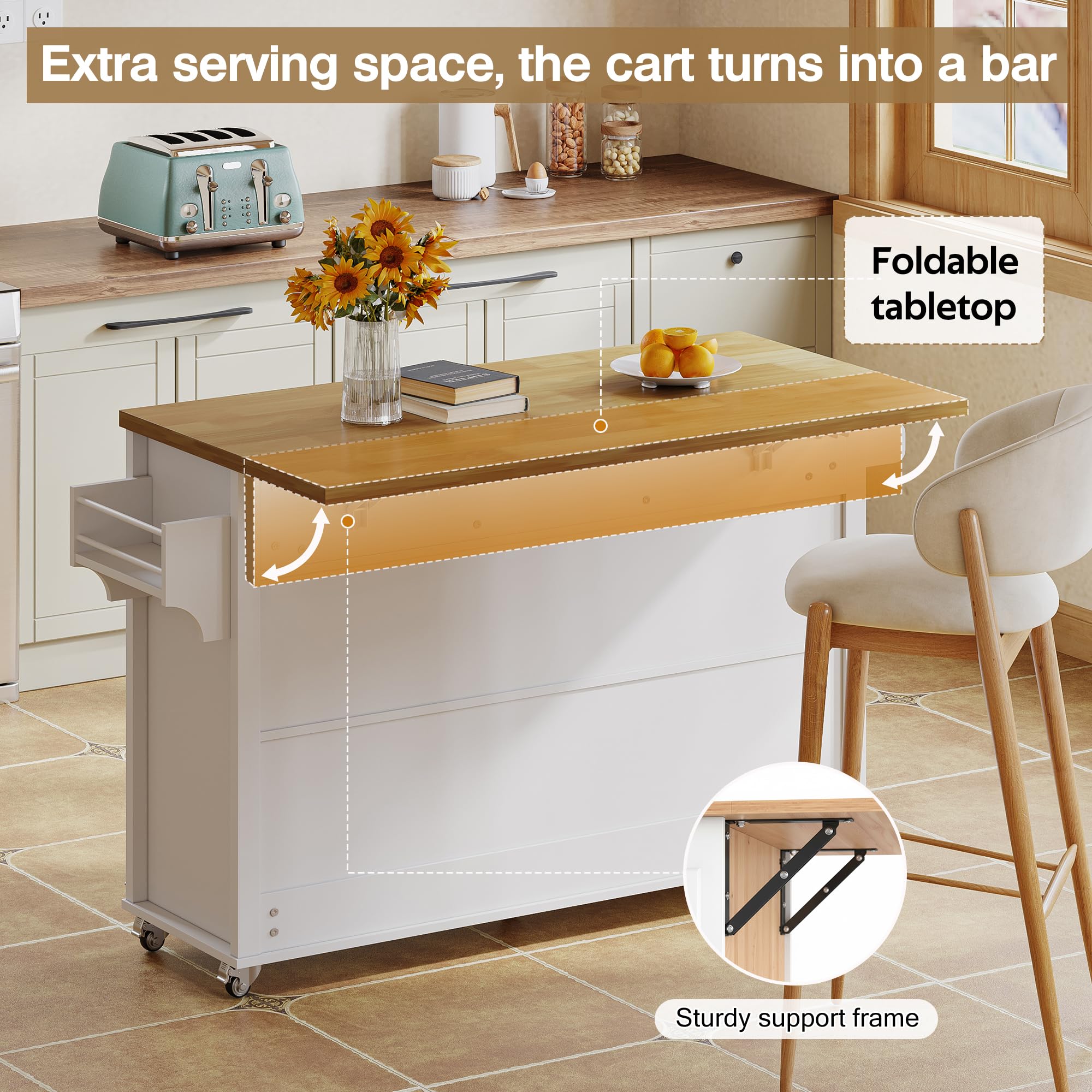 WheewithRac - Carrello pieghevole a isola con credenza salvaspazio e armadietto, facile da montare, porta asciugamani per sala da pranzo, colore: bianco