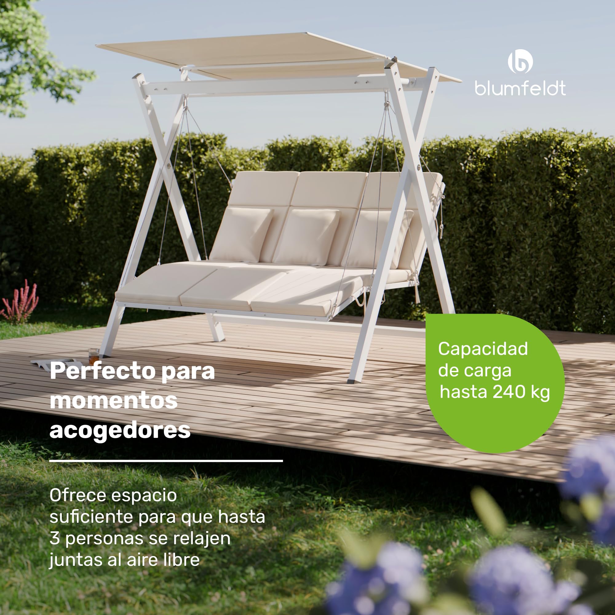 blumfeldt FlexiSwing Balancín Jardín Exterior – 3 Plazas, Respaldo y Toldo Ajustables, 240 kg de Capacidad, Estructura de Acero Resistente, Cojines Gruesos, Balancín para Jardín Exterior