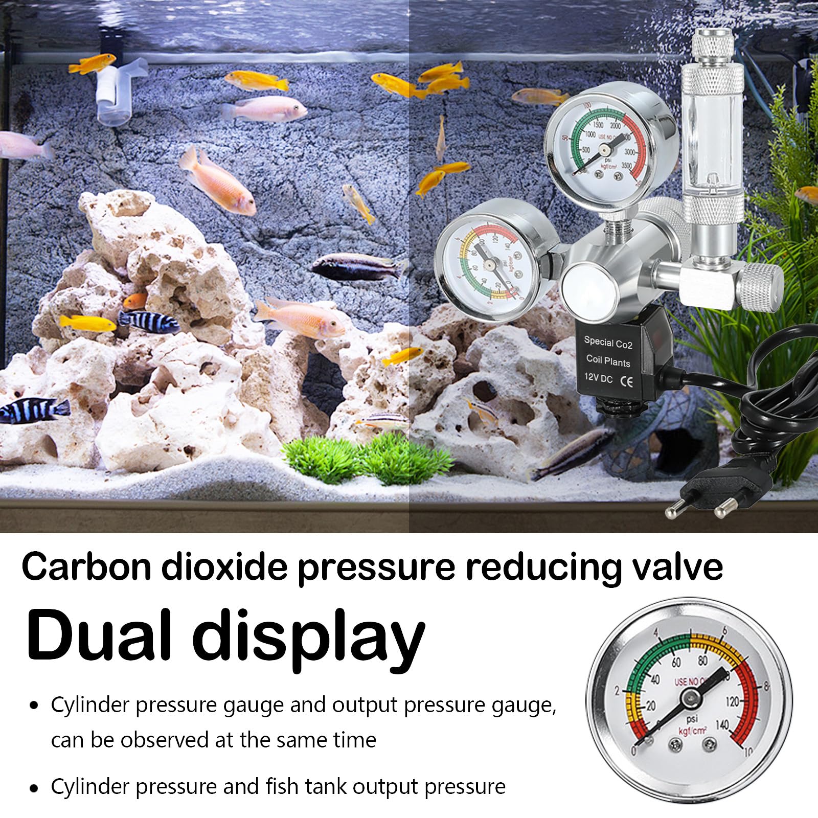 RéGulateur De Co2 pour Aquariums, Réducteur De Pression De Co2 pour Aquarium Planté Double Affichage De Jauge, avec Système De Clapet Anti-Retour à Compteur De Bulles Et éLectrovanne Interface W21.8