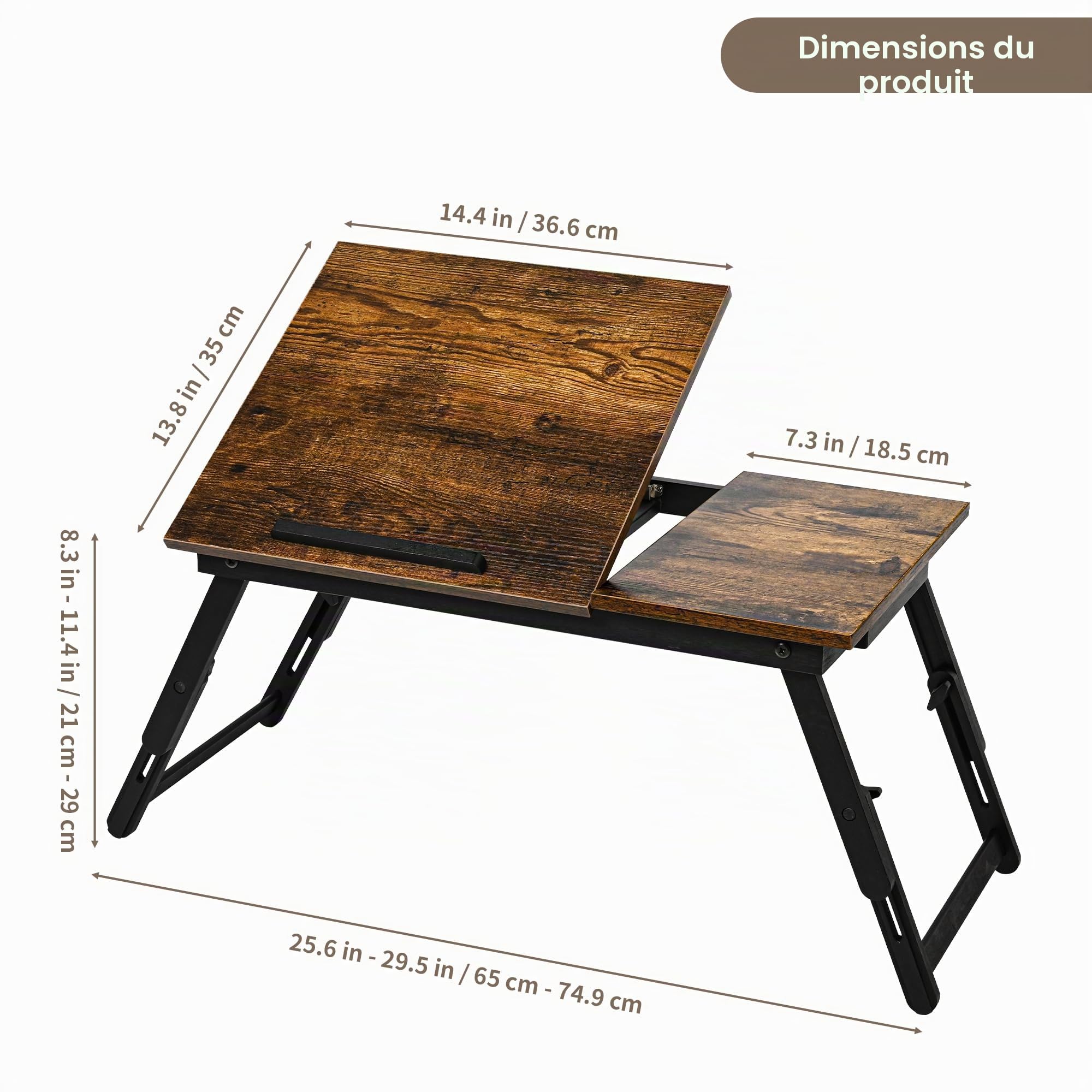 VASMIA Table de lit Pliable pour PC Portable inclinable, Table Pliante, Plateau de Service Petit-déjeuner,Hauteur réglable, étagère de lit, Marron Foncé Rustique