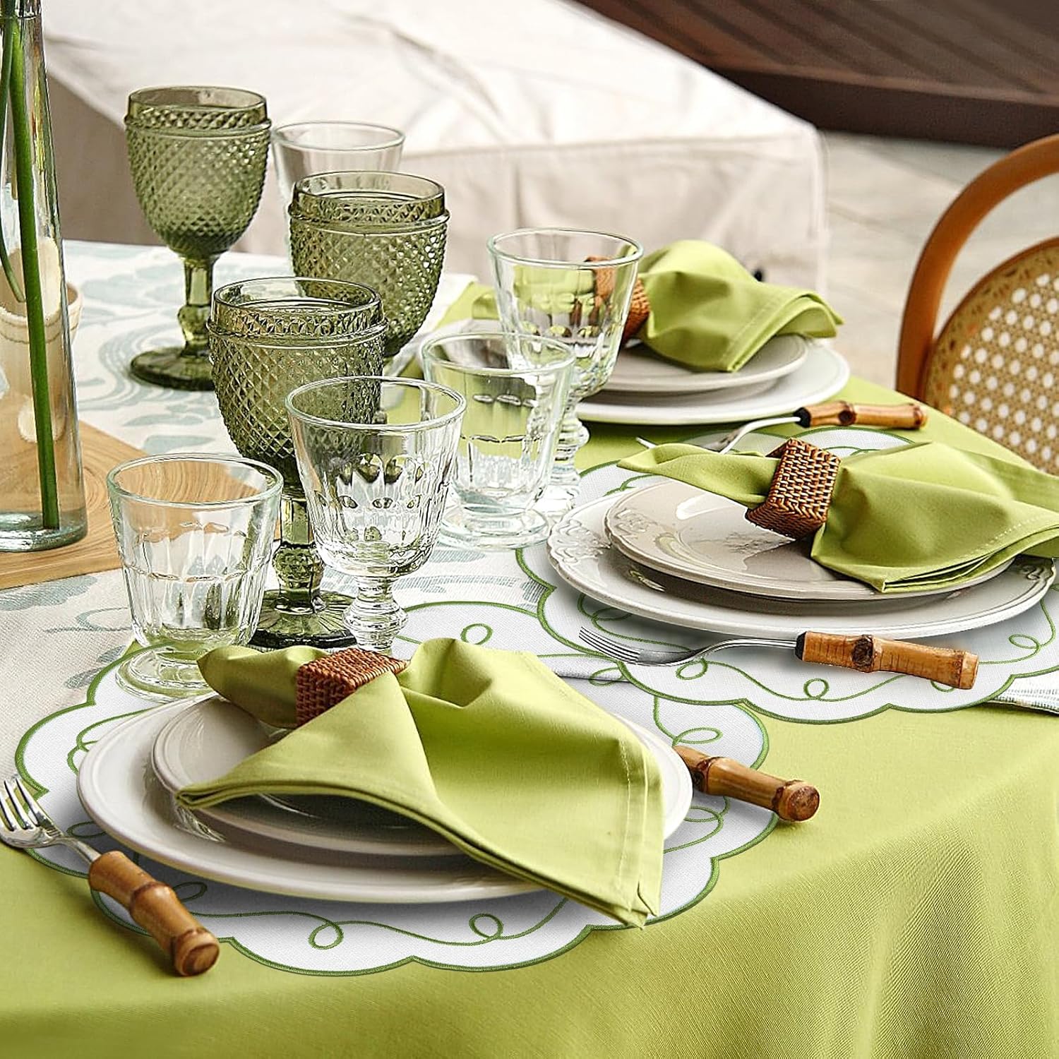 Set of 4 Sage Green Cotton Linen Placemats 15 Inch Embroidery Scalloped Placemats Decorative Flower Shape Table Mats for Wedding Baby Shower Banquet Party Holiday Holiday Kitchen Dining Table Decor
