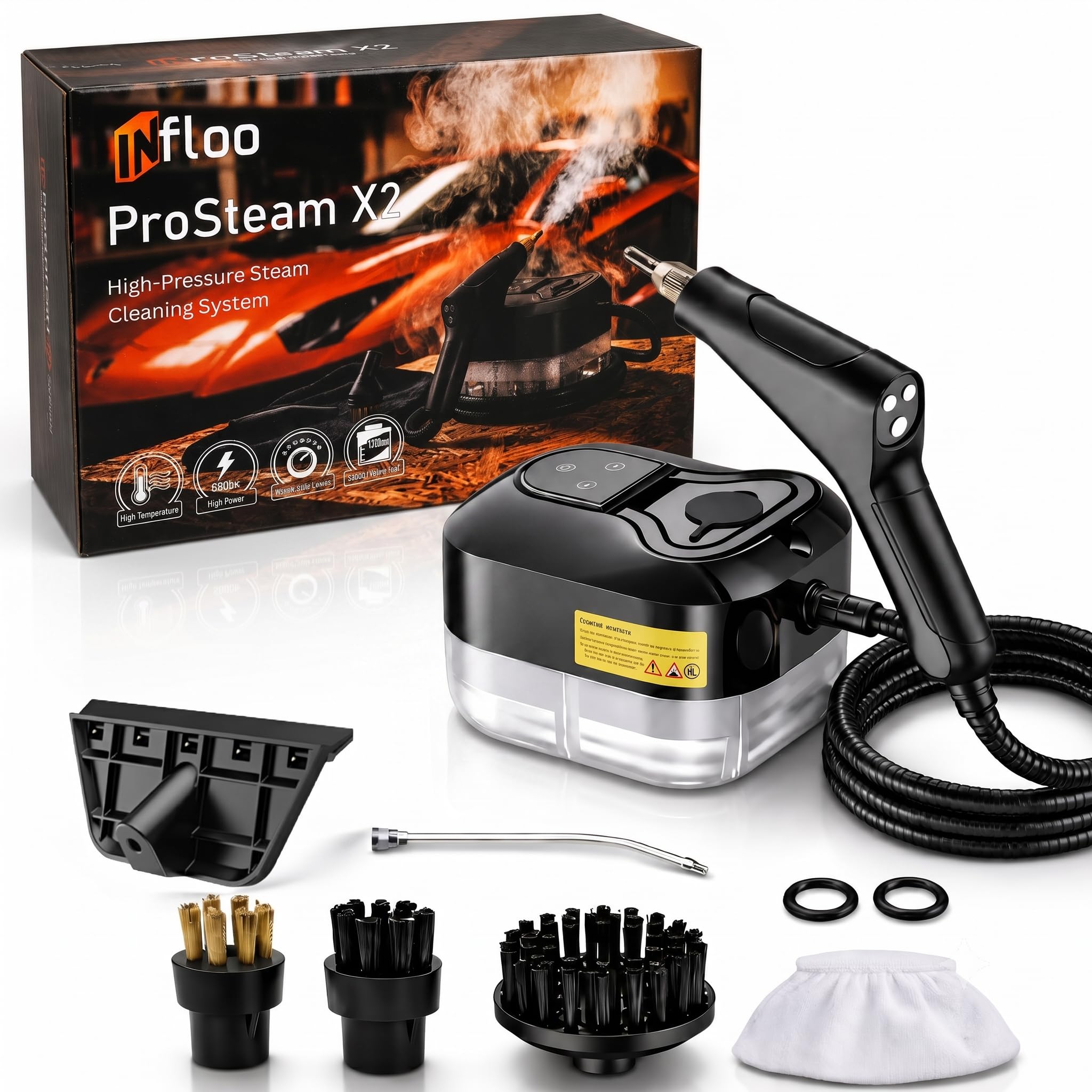ProSteam X2 Myjka Parowa 2500 W, Parownica do Czyszczenia Auta, Tapicerki, Fug, Kuchni i Łazienki, 4,5 bar, Zbiornik 1,2 l, 6 Poziomów Pary, Wąż 2 m, Zestaw Końcówek