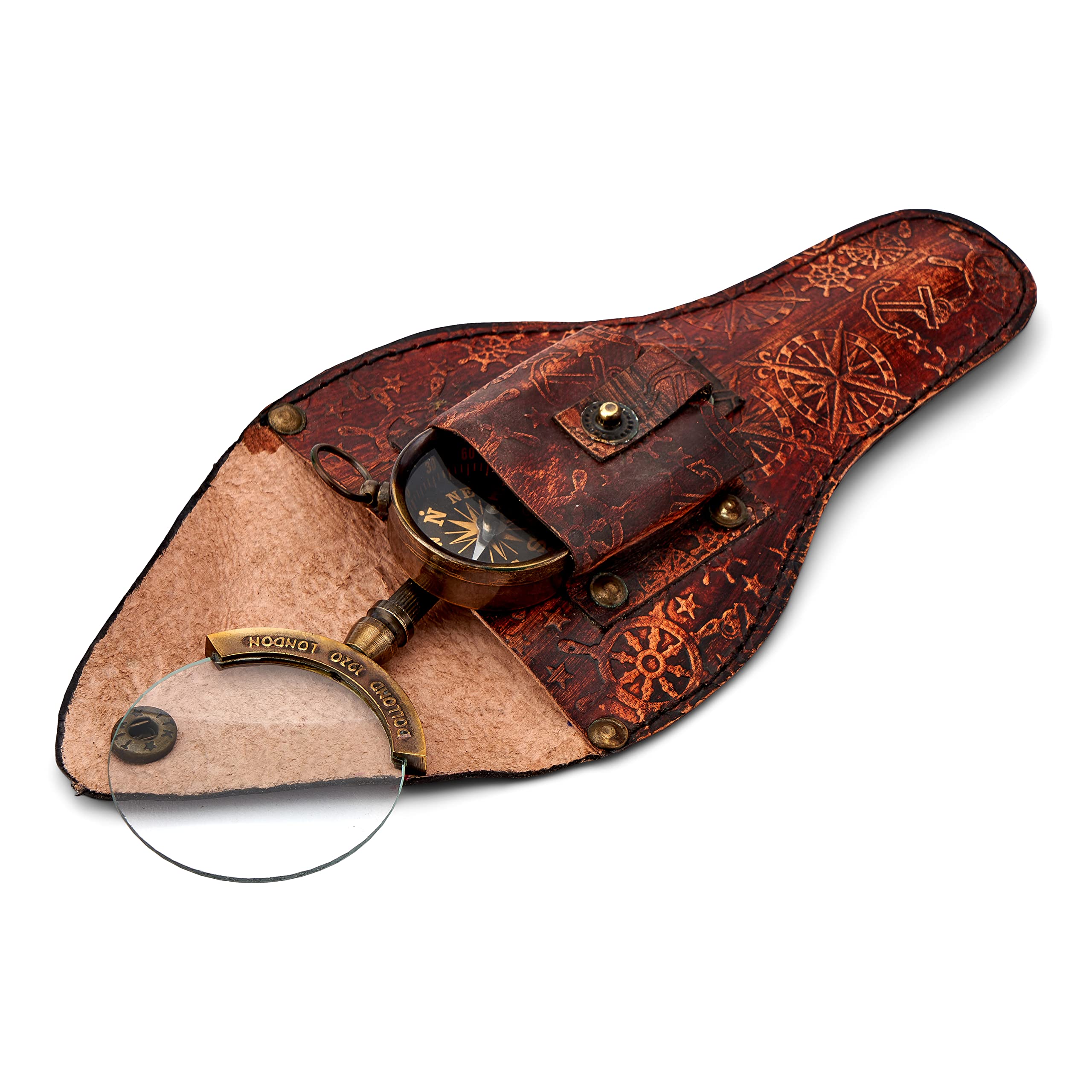 NKlaus magnifying glass and compass brass antique leather case 14x3.5cm turn signal reading magnifier 11724 - Image 3