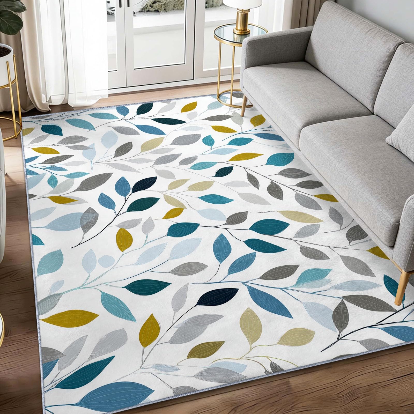 Biały dywan nadający się do prania, 160 x 230 cm – ręcznie rysowane rośliny, abstrakcyjne liście drzew, miękki, antypoślizgowy, duży dywan z krótkim włosiem, do salonu, sypialni, biura, jadalni