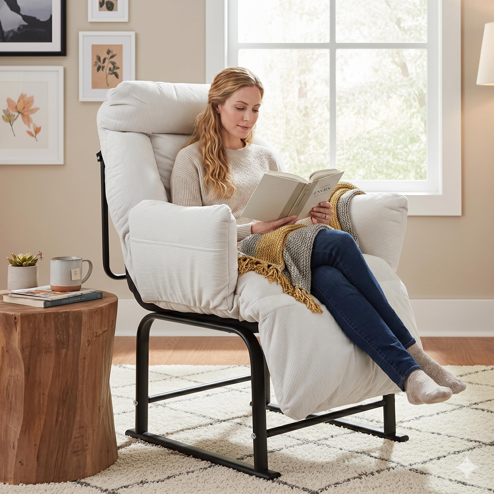 Poltrona Relax, Ergonomica Reclinabile 90°-180°, Poltrona Reclinabile con Schienale e Poggiapiedi Regolabile, Poltrone per Soggiorno/Ufficio, con Tasconi Laterali, Bianco