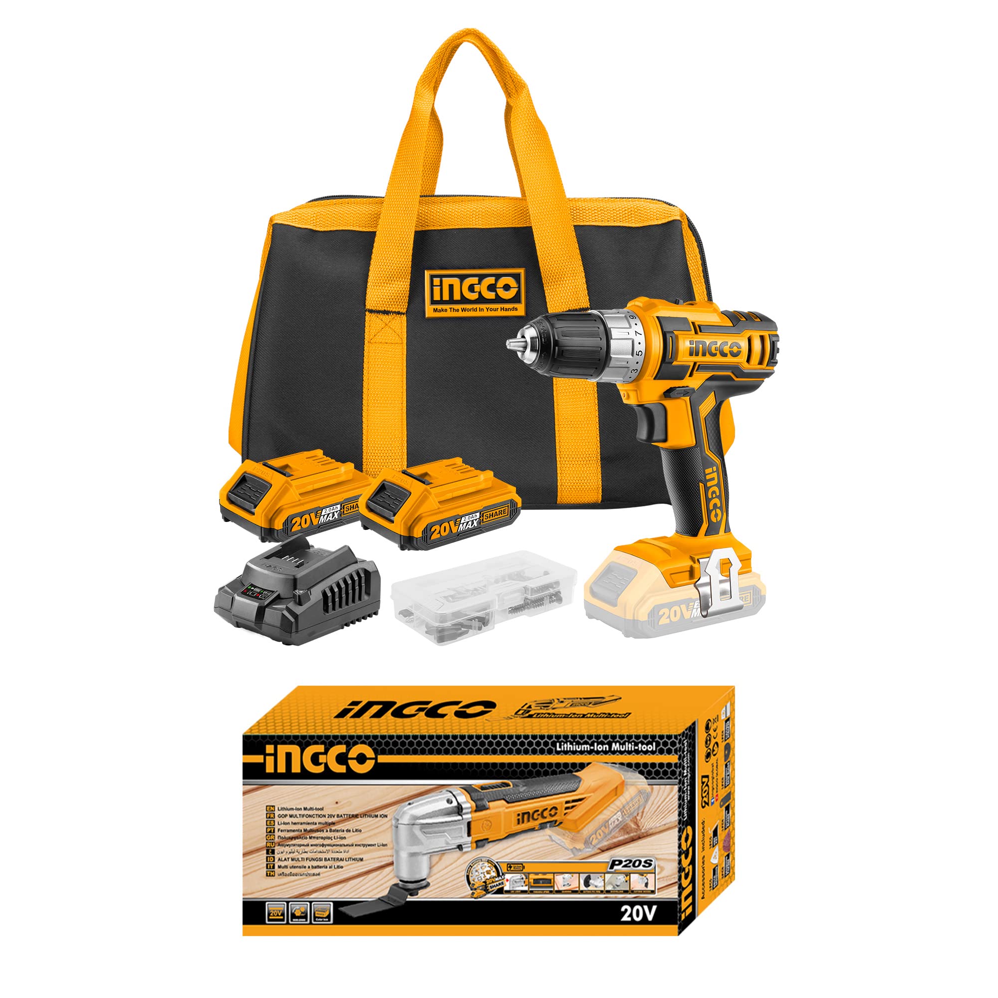 INGCO 20V Kit Inalámbrico 45NM Taladro Atornillador y Multiherramienta con 2x 2.0Ah Bateria CDLI2002+CMLI2001