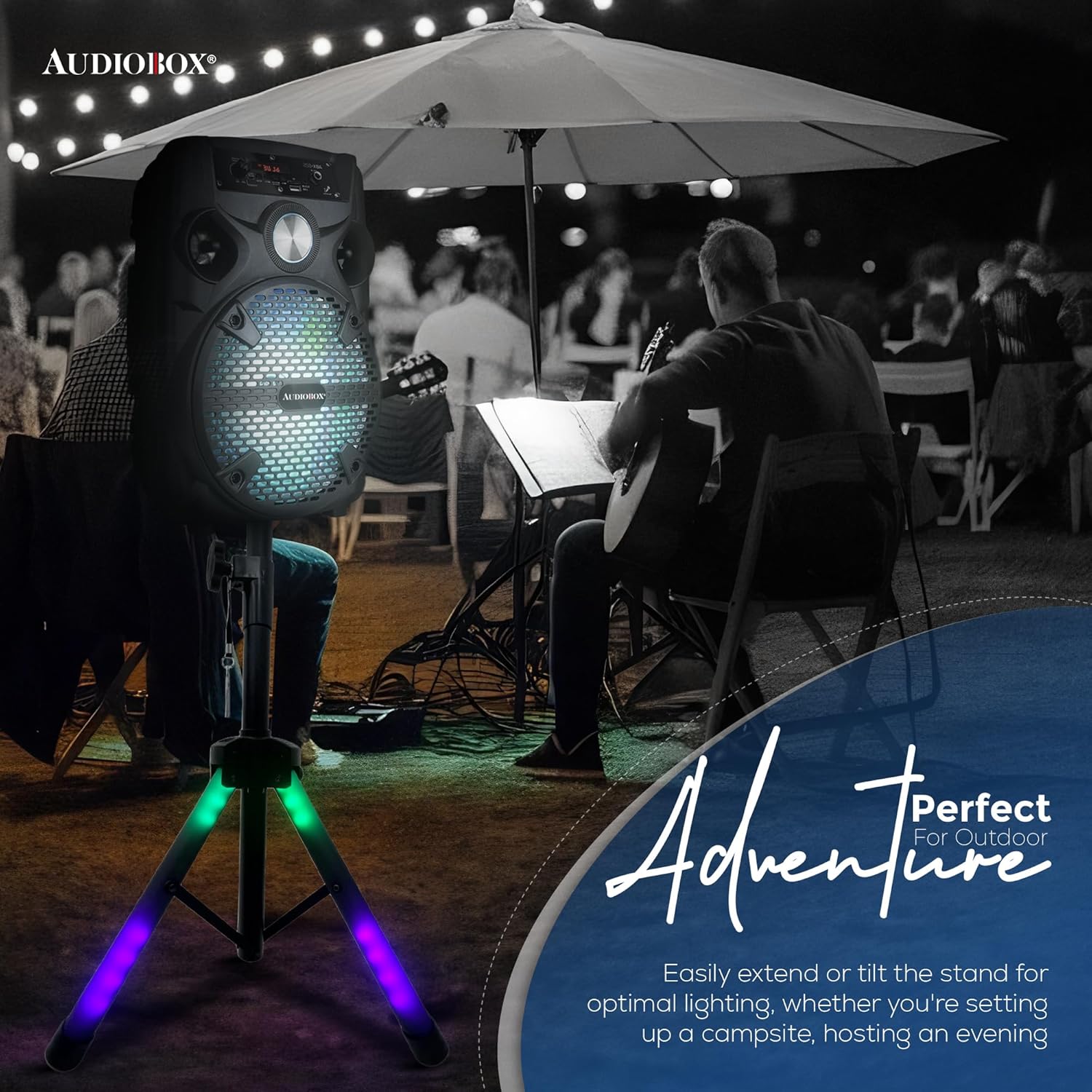 Audiobox STA-10 Heavy-Duty Speaker Stand with LED Lights – Adjustable Height, 110 lbs Capacity, Steel Alloy Build, Perfect for Events, Parties, and Professional Audio Setups