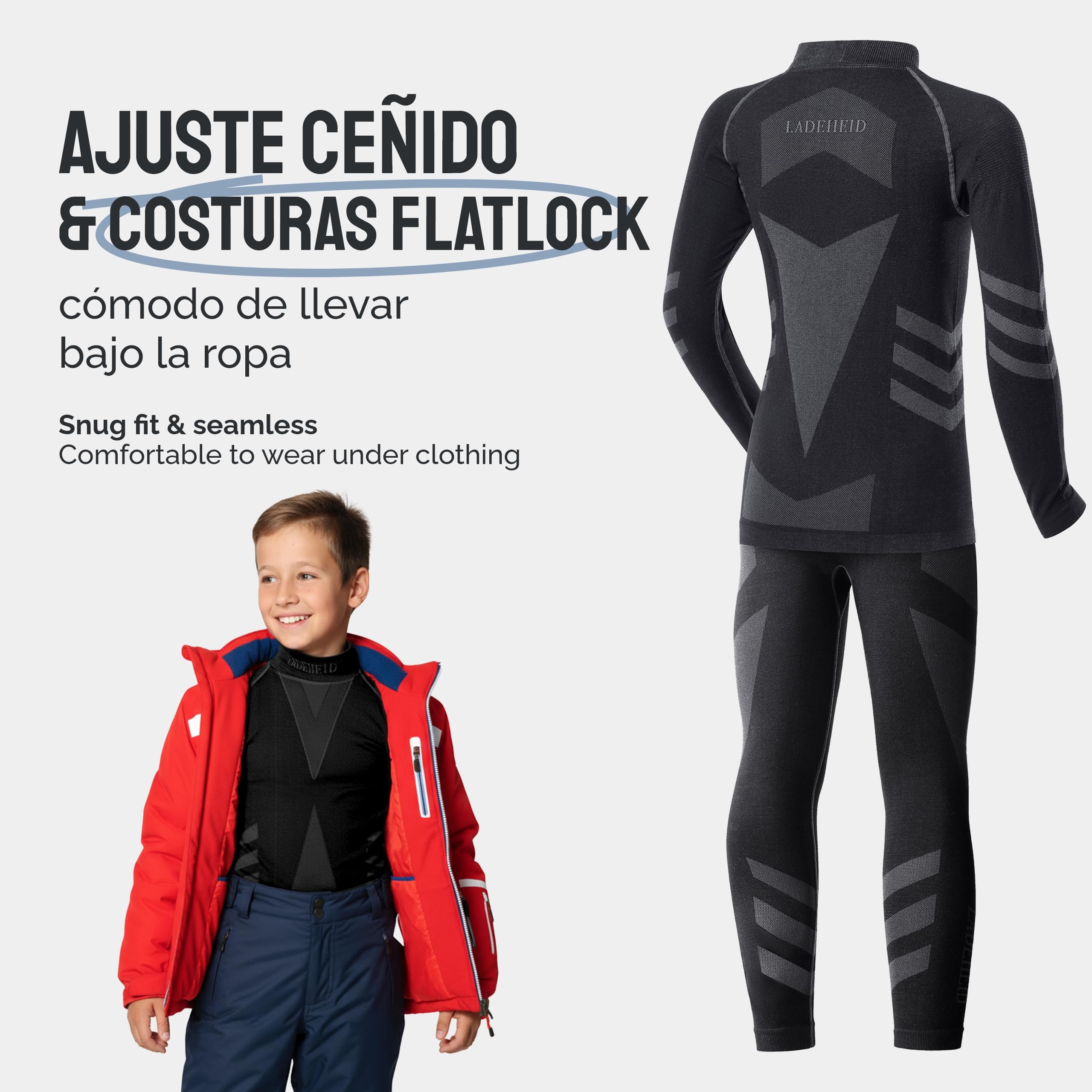 Ladeheid Conjunto Térmico para Niños – Ropa Interior Térmica para Invierno con Camiseta Térmica Niño & Niña y Pantalón Termico Largo – Ideal para Futbol y Esquí LAGI009