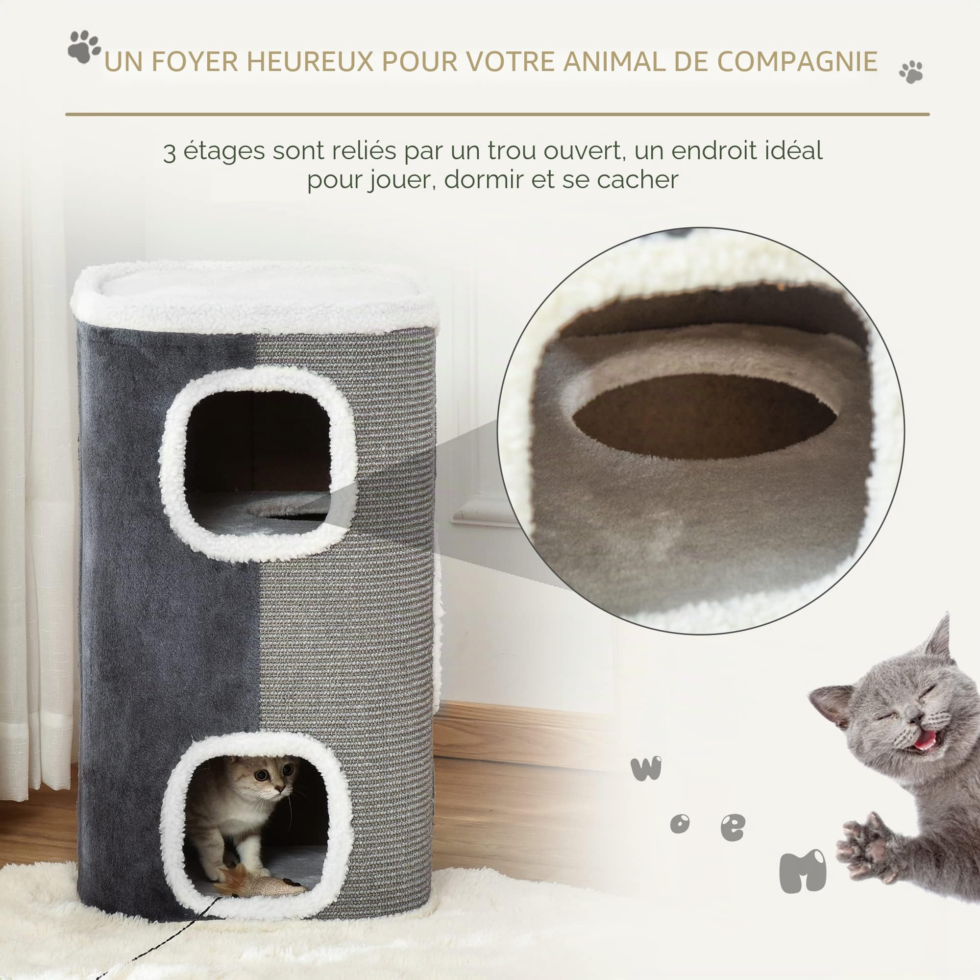 PawHut Griffoir pour Chats Arbre à Chat 3 Niveaux Arbre à Grimper pour Chats Meubles pour Chats Panneau aggloméré Polyester velouté Sisal Gris+Blanc 40 x 40 x 74 cm