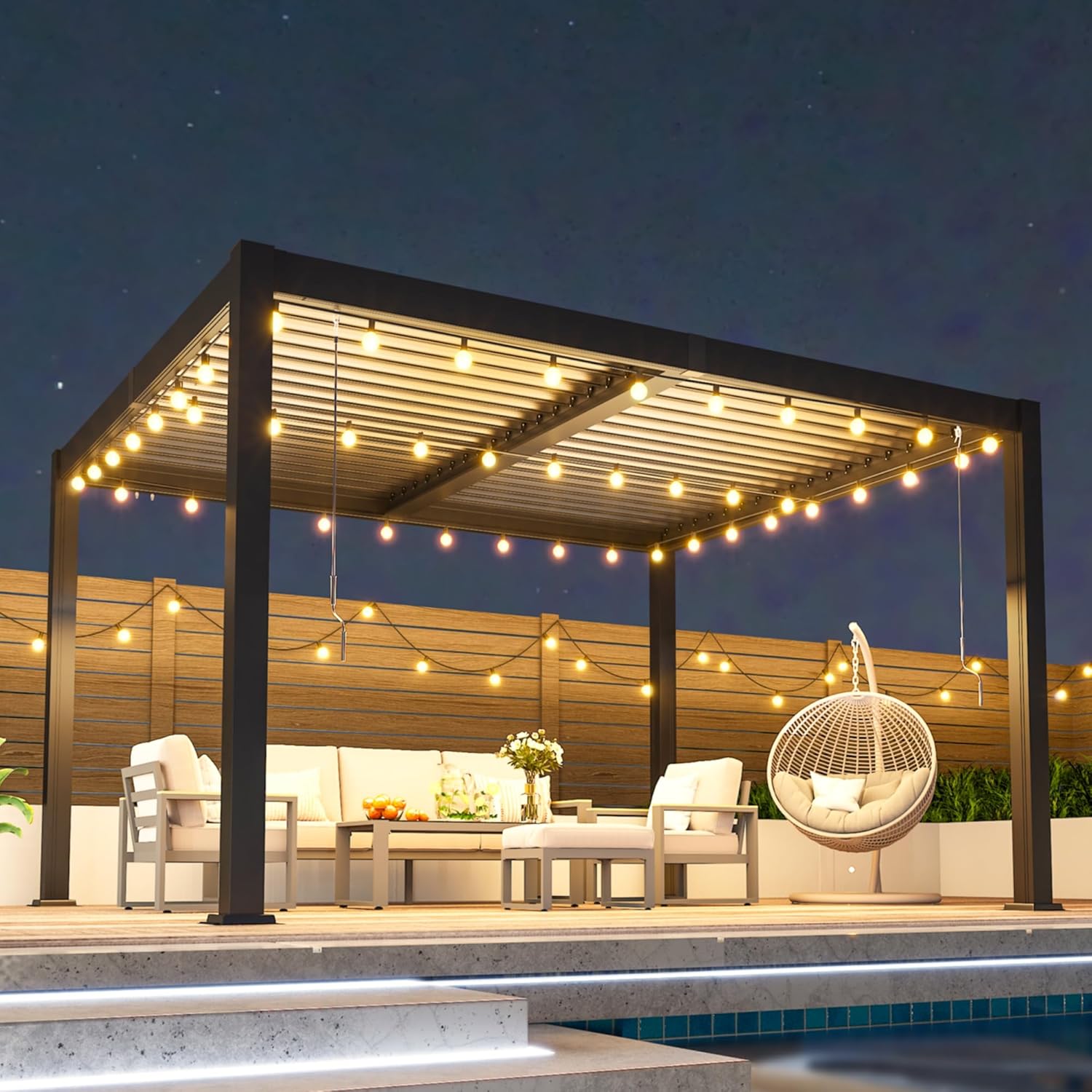 WisteriaLane 10x12 Louvered Metal Pergola with Adjustable Roof & Gutter System - Durable Dark Gray Outdoor Gazebo for Patio, Deck, Garden