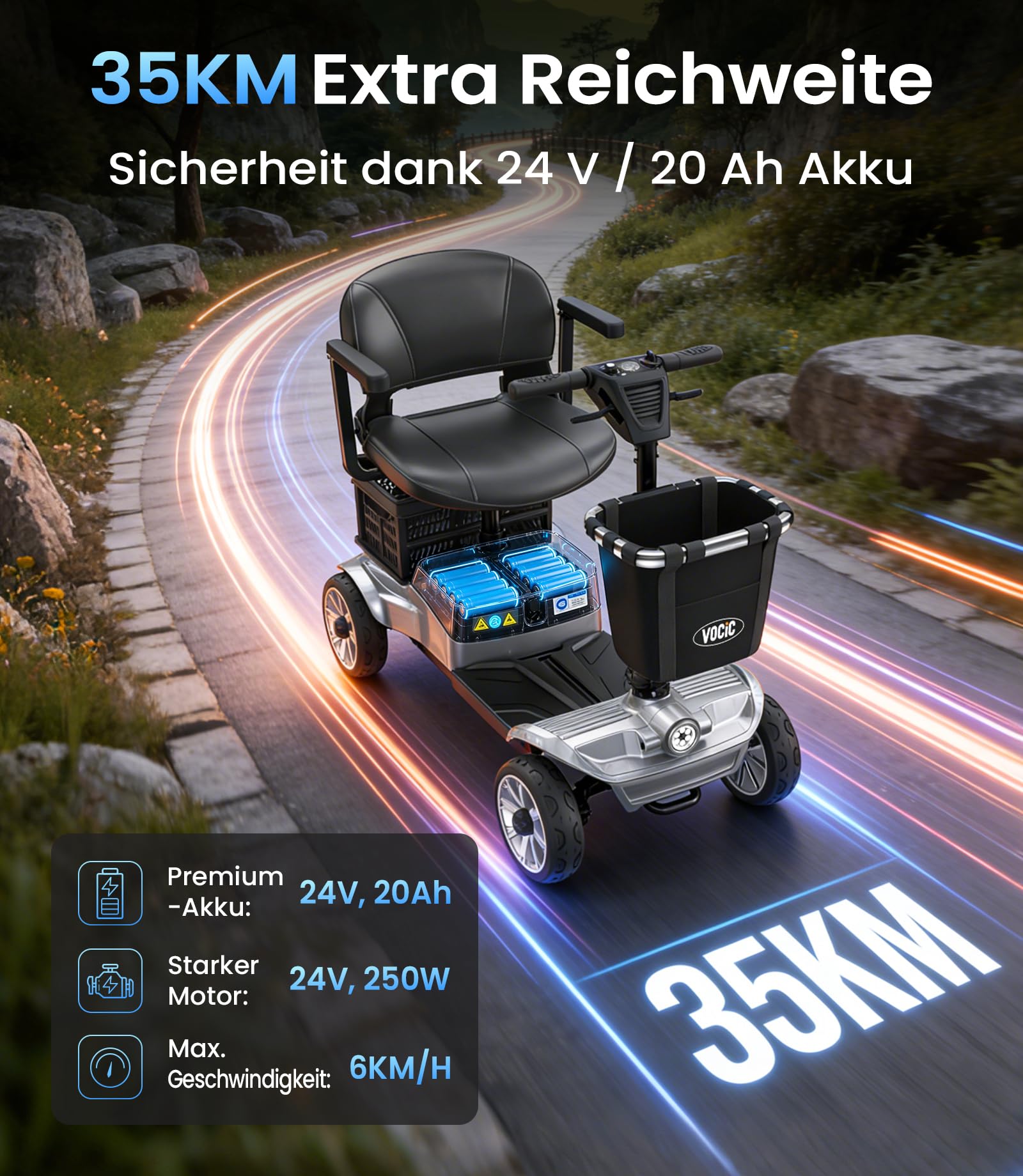 VOCIC D35 Seniorenmobil klappbar 35KM, 40L Doppelten Korb Elektromobil für Senioren bis 136KG, mit 20CM großen Rädern, 40L Doppelten Korb ergonomischer verstellbarer Sitz abnehmbarer Akku, Grau Silber