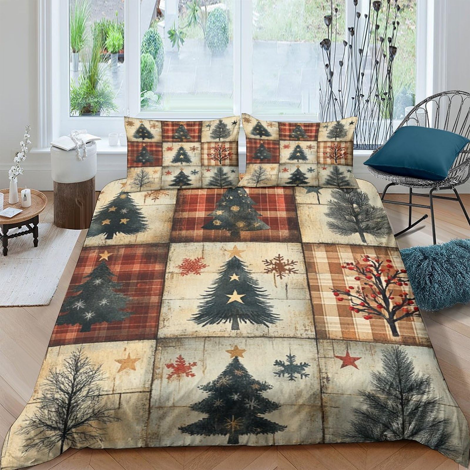 Ctjqhvkz Style-5 3D Printed Christmas Tree Patchwork Fitted Sheet Microfiber Soft Plaid Snowflake Bed Cover For Bedroom Guest Room Decor Single（135X200cm）