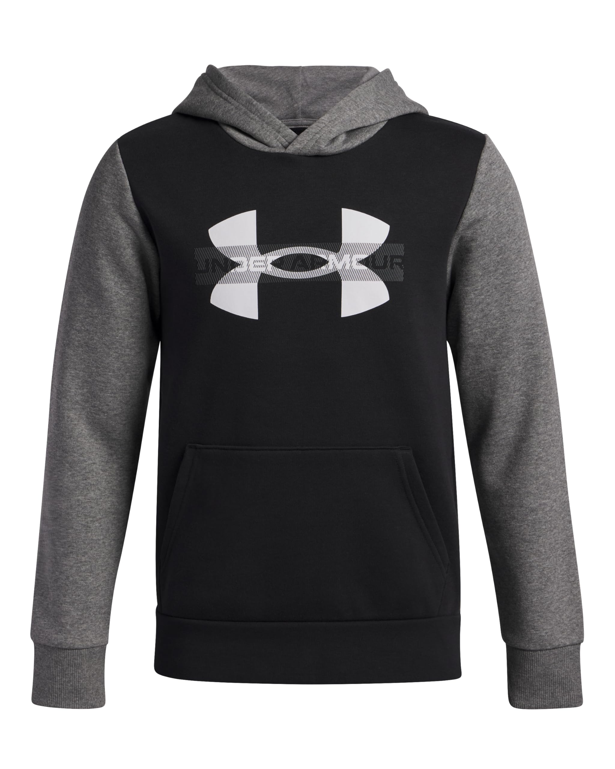 Under Armour Boys' Rival Fleece Colourblock Graphic Hoodie, Comfortable and Warm Boys' Hoodie with Raglan Sleeves, Hooded Top for Sports and Casual Wear,Black/Castlerock Light Heather/White,YXS