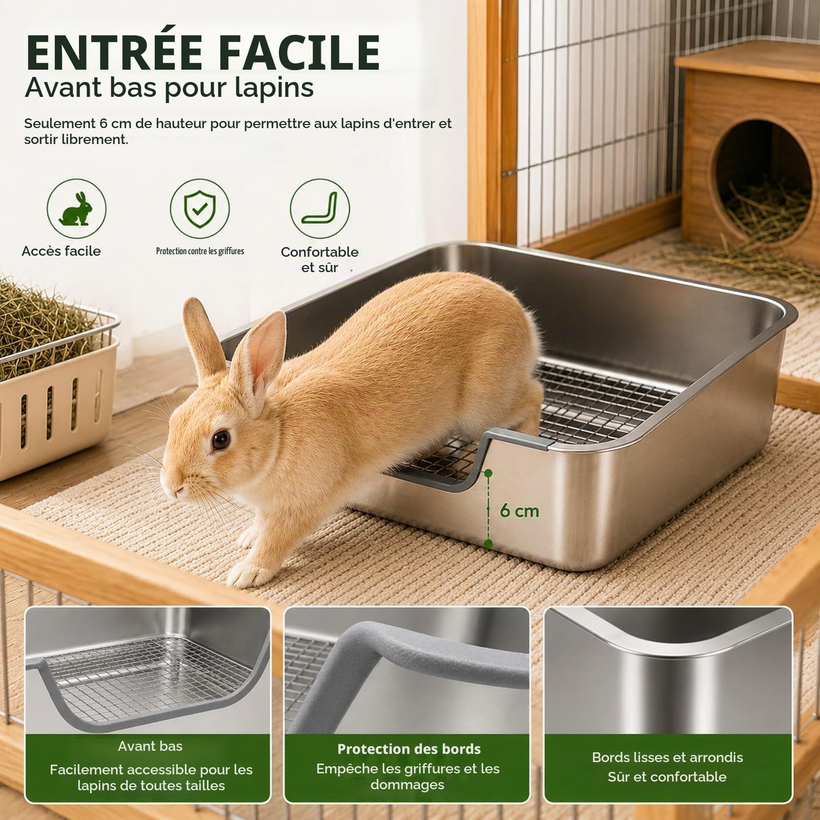 HYLYUN Bac à Litière Lapin en Acier Inoxydable avec Grille, 40x30x15 cm