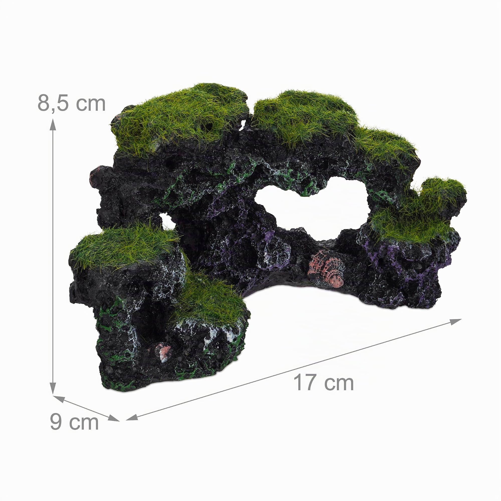Relaxdays Decoración Acuario Roca, Piedra Decorativa, Escondite, Adorno Rocoso, 1 Ud., Poliresina, 8,5x17cm, Negro-Verde