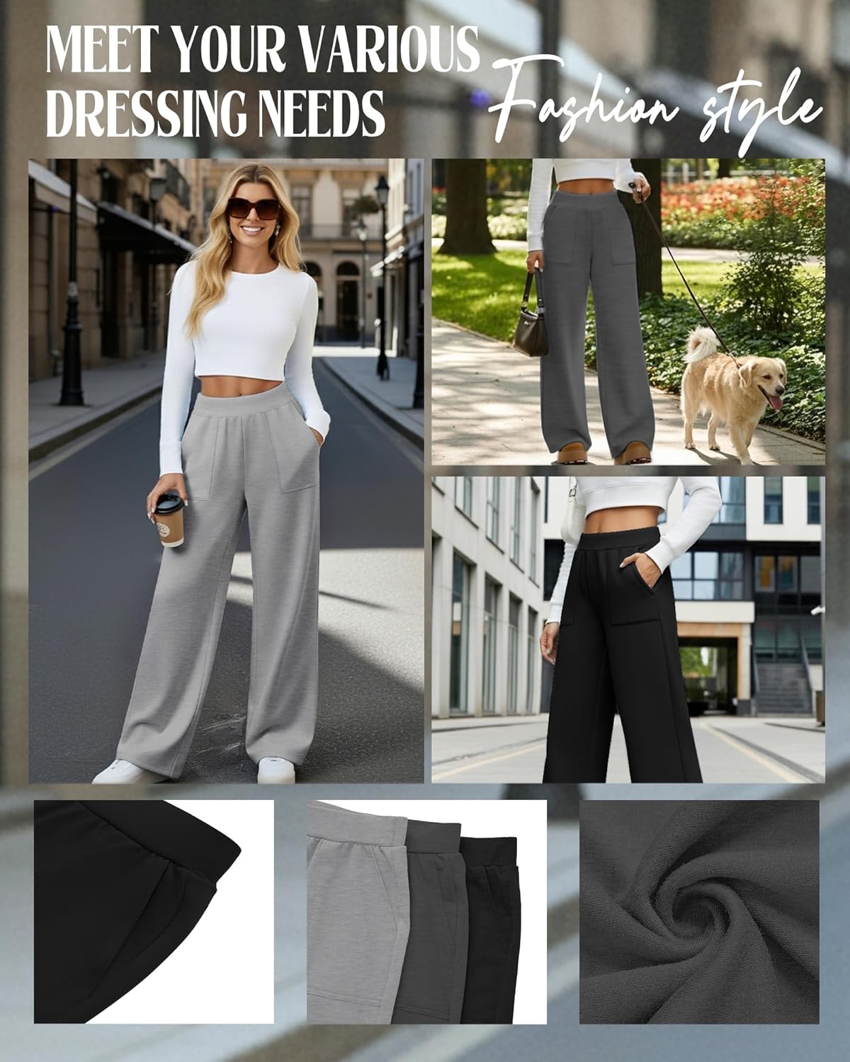 3 Pack Women's Wide Leg Lounge Pants High Waisted Sweatpants Casual Elastic Yoga Open Bottom Joggers with Pockets - Image 4