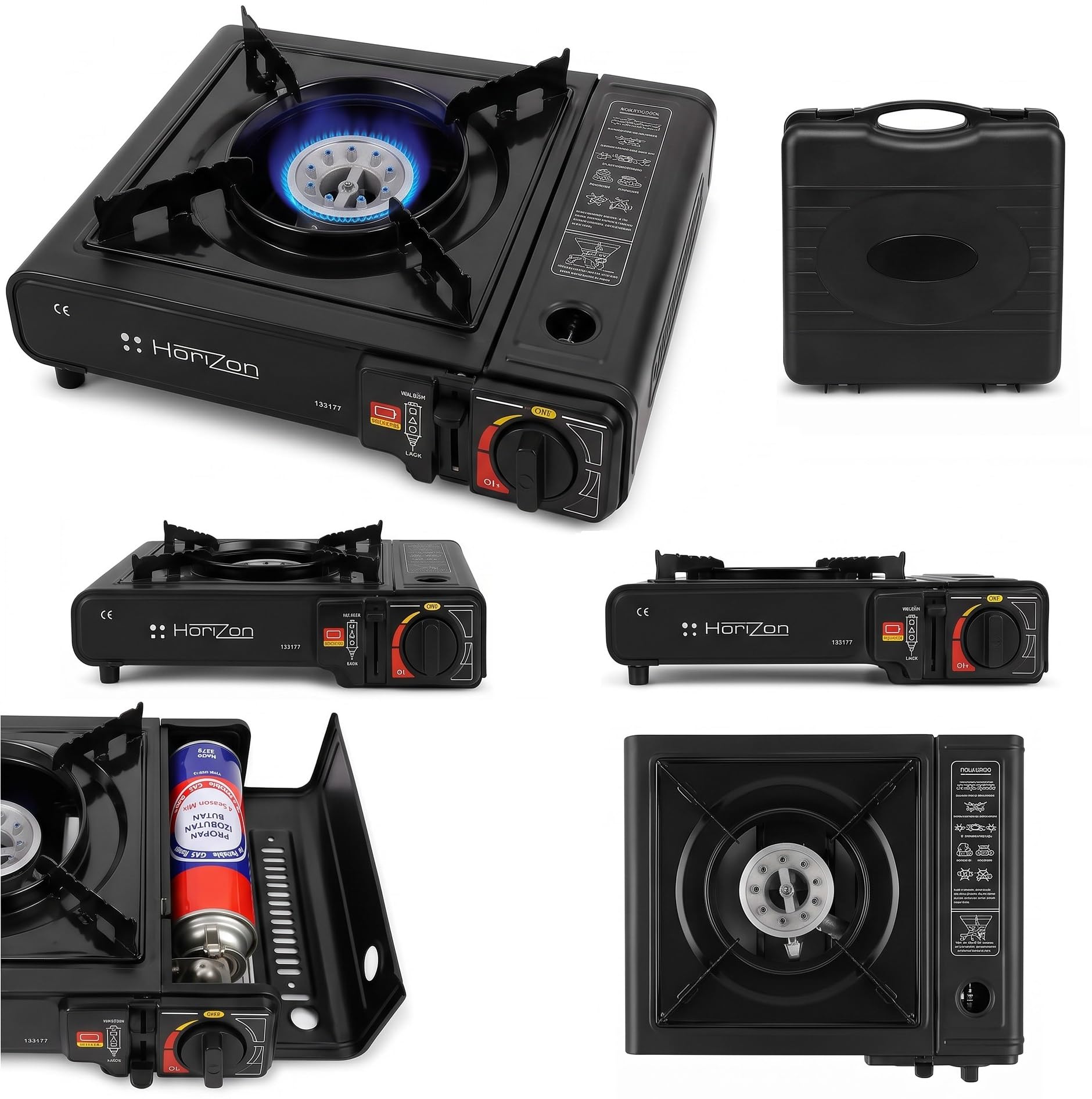 Hornillo Camping Gas Portatil, Adaptador de Bombona, Cocina Portátil, Infernillo, Fogareiro (Hornillo + 4 Botellas + Manguera + Adaptador de Bombona)