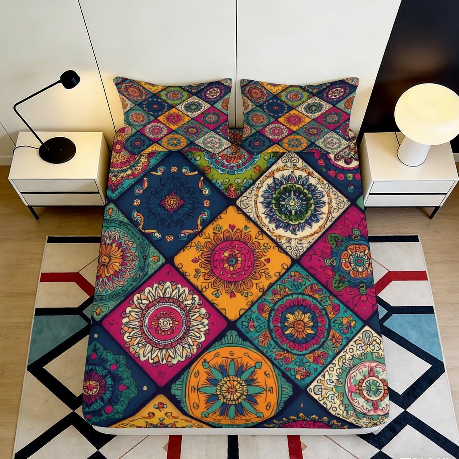Pnayamiorkfel Style-5 3D Printed Mandala Mosaic Fitted Sheet Microfiber Soft Multicolour Ethnic Bed Cover For Bedroom Guest Room Decor 90X200x25cm
