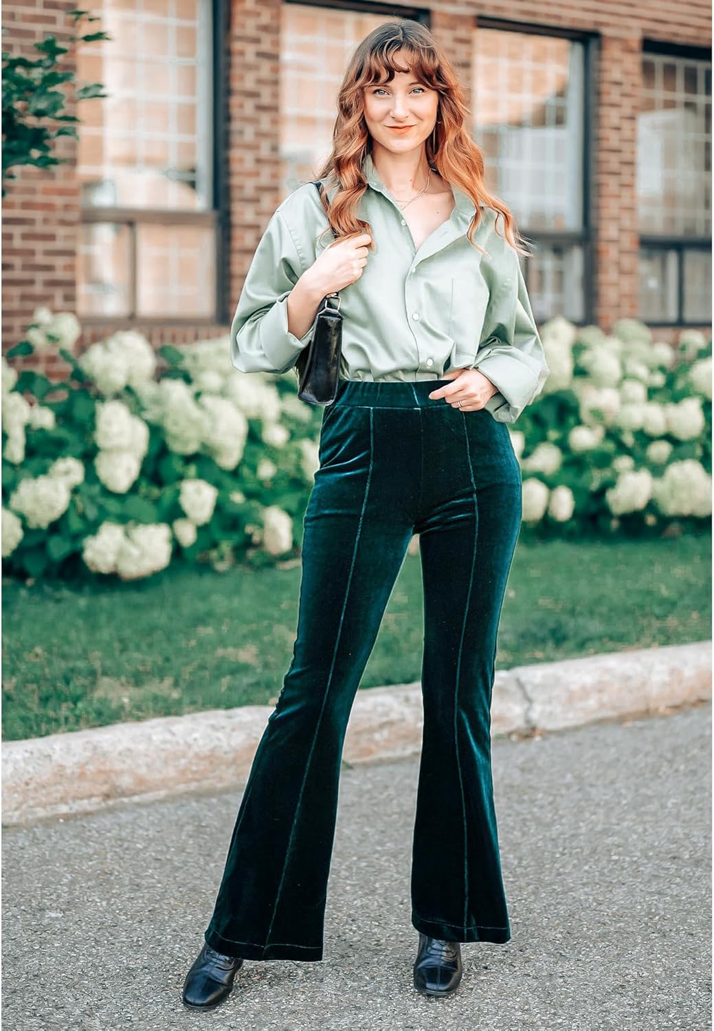 GRAPENT Flare Velvet Pants for Women High Waisted Wide Leg Stretch Elastic Waist Pull On Trousers Front Seam Slacks - Image 3