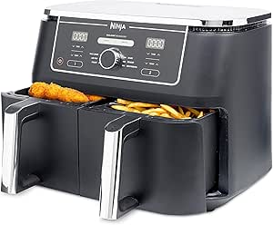 Ninja Foodi Max Dual Zone Friggitrice ad Aria digitale, 2 Cestelli Antiaderenti, 9.5L, 6 in 1, Massima Croccantezza, Frigge Senza Olio, Arrostisce, Cottura Forno, Disidrata, 8 Porzioni, Nero, AF400EU