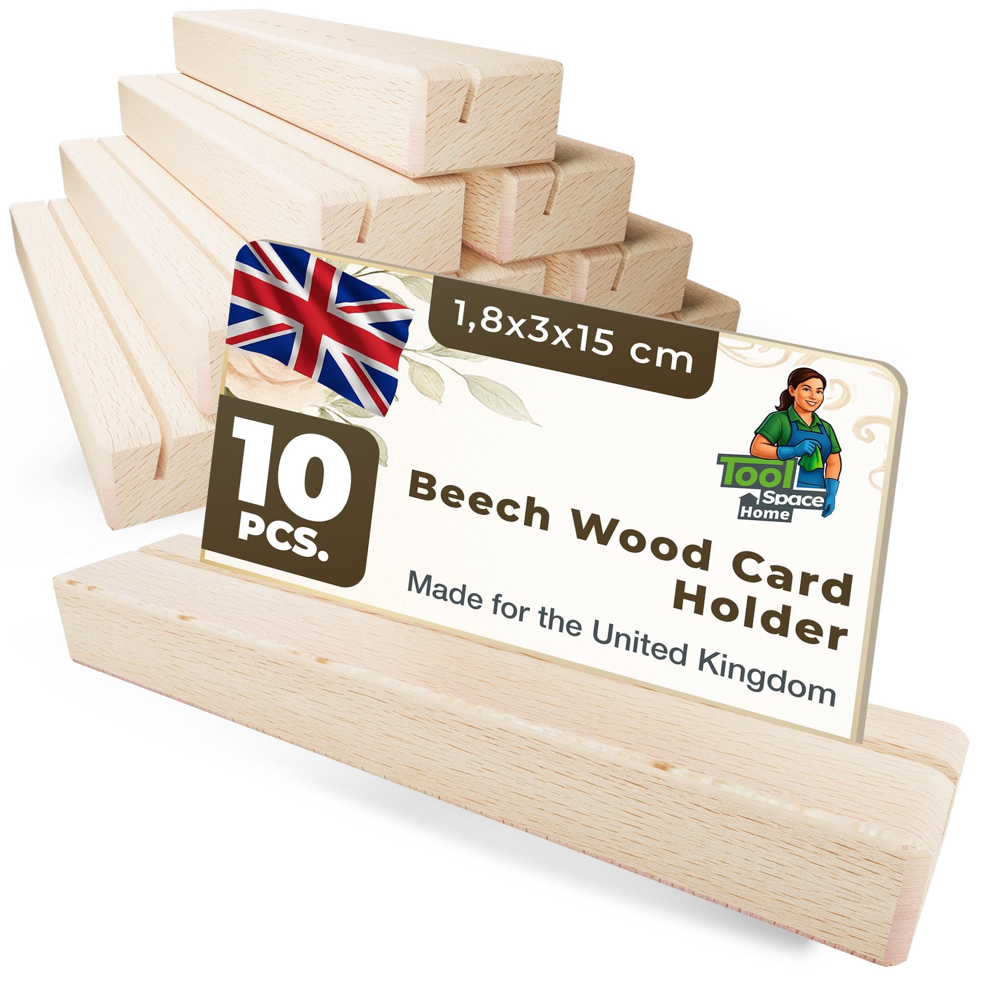 Toolspace Natural Wooden Photo Stand - Wooden Menu Card Display Stand - Business Card Stand - Beech Wood Business Place Card Holders - Beech Wood Business Card Holder - 1.8X3x15 Cm 10Pcs