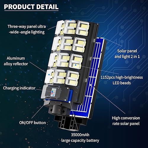 Miniatura 7 de Paquete de 3 luces solares de calle de 4800 W, 240000 lm, IP67, impermeables, del atardecer al amanecer, luces solares de calle al aire libre, con