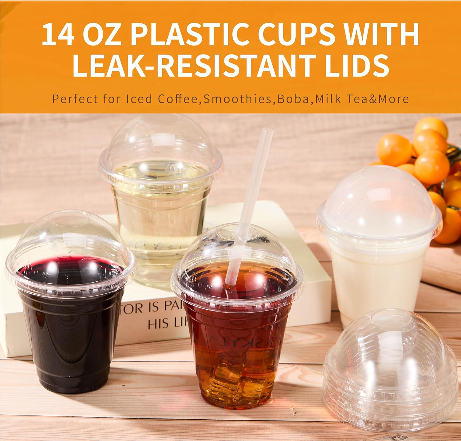 Disposable Plastic Cups with Dome Lids - Thickened PET Cold Drink Cups, Spill-Resistant for Bubble Tea, Iced Coffee, Cafés, Daily Use (200, 14, ounces)