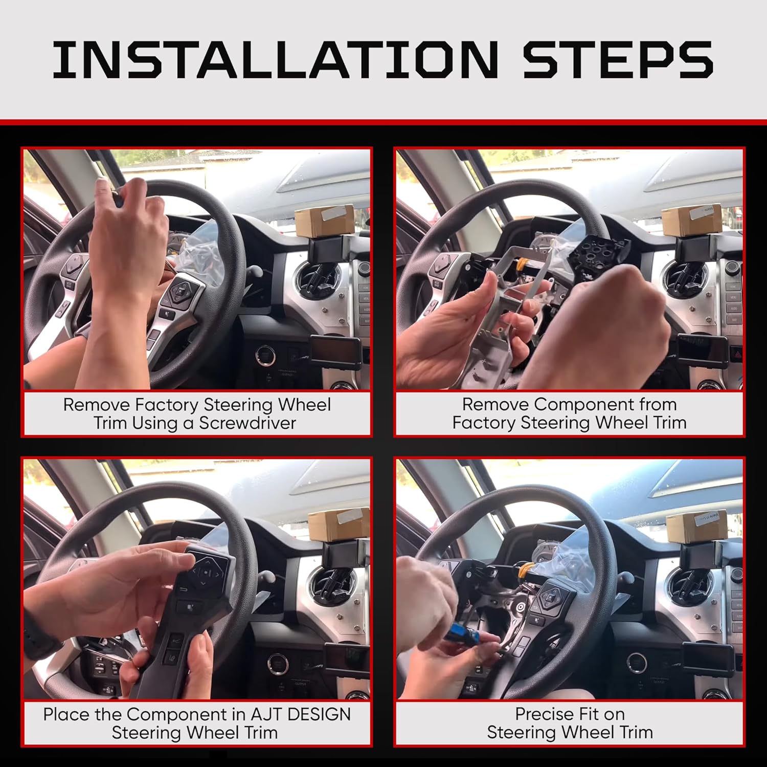 AJT DESIGN Steering Wheel Trim for Toyota Tacoma 2016-2023, Tundra 2014-2021, 4Runner 2014+ | 2 Piece | Durable ABS Plastic | Precision Fit | Complete Replacement Part | Made in USA | Black