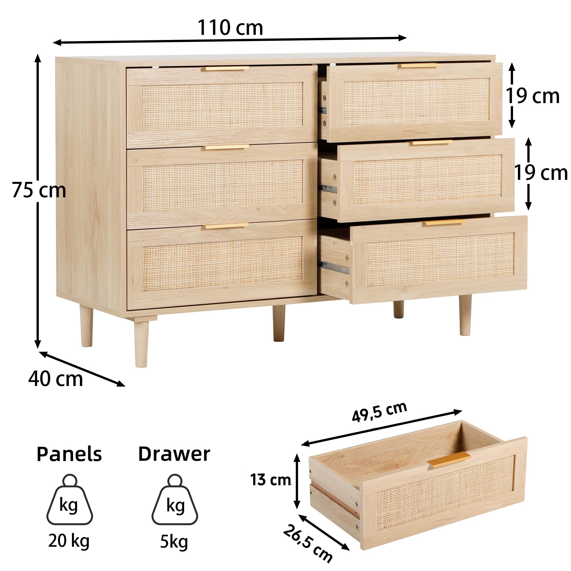 GRAVFORCE Rattan Kommode mit 6 Schubladen Sideboard mit Großer Kapazität