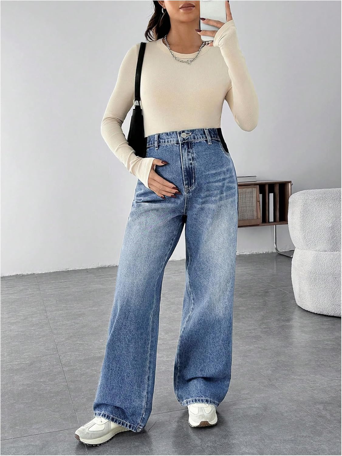 MakeMeChic Women’s Maternity Jeans Loose Wide Leg Over The Belly Straight Pregnancy Jeans Denim Pants