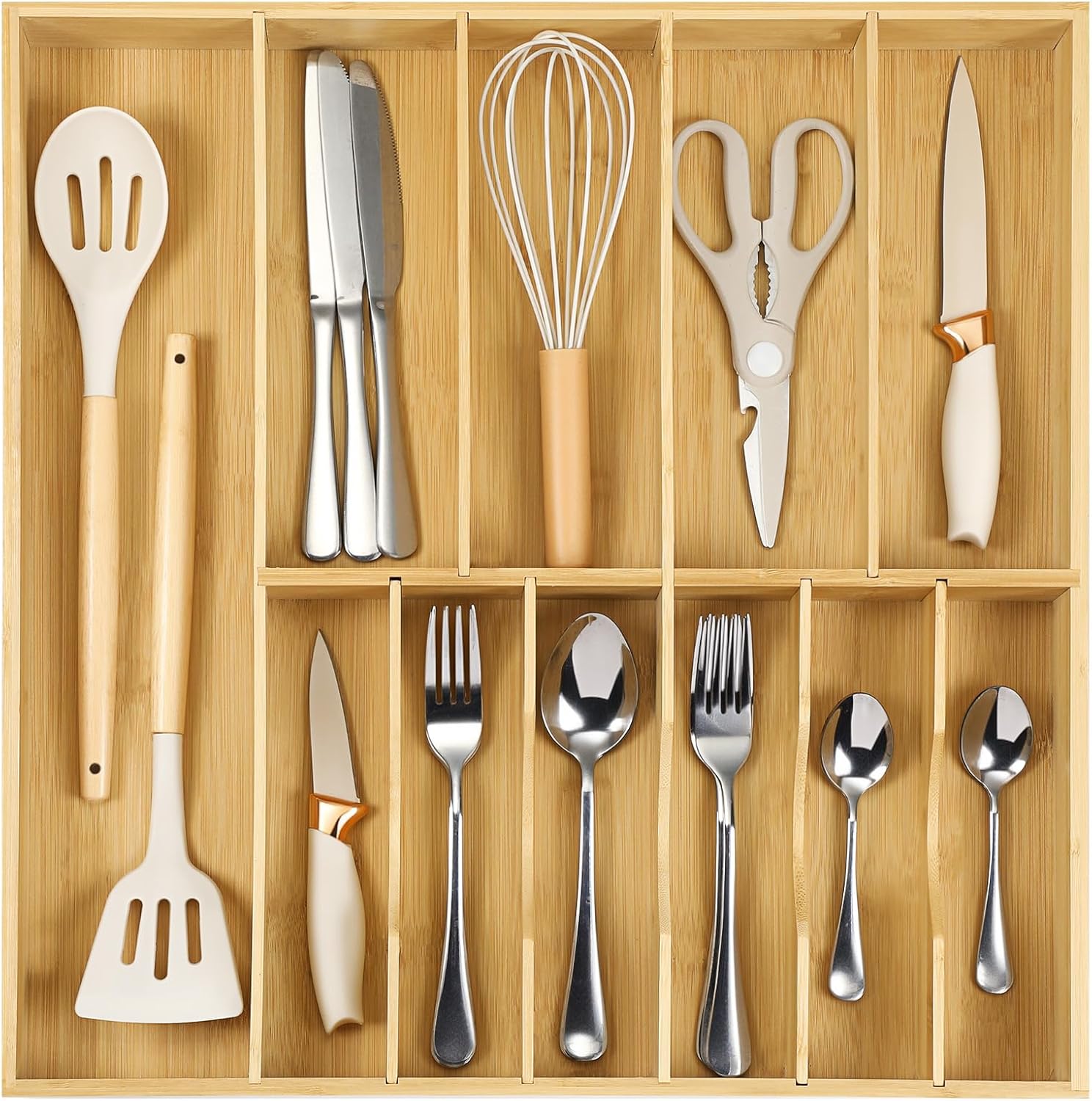 Bamboo Silverware Organizer for Kitchen Drawers – 18.8″ Wide, Deep Slots