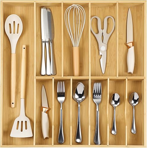Fabsome Organizador de cubiertos para cajones de cocina, bandeja de cubiertos de madera de bambú de 2.5 pulgadas de profundidad y 18.8 pulgadas de