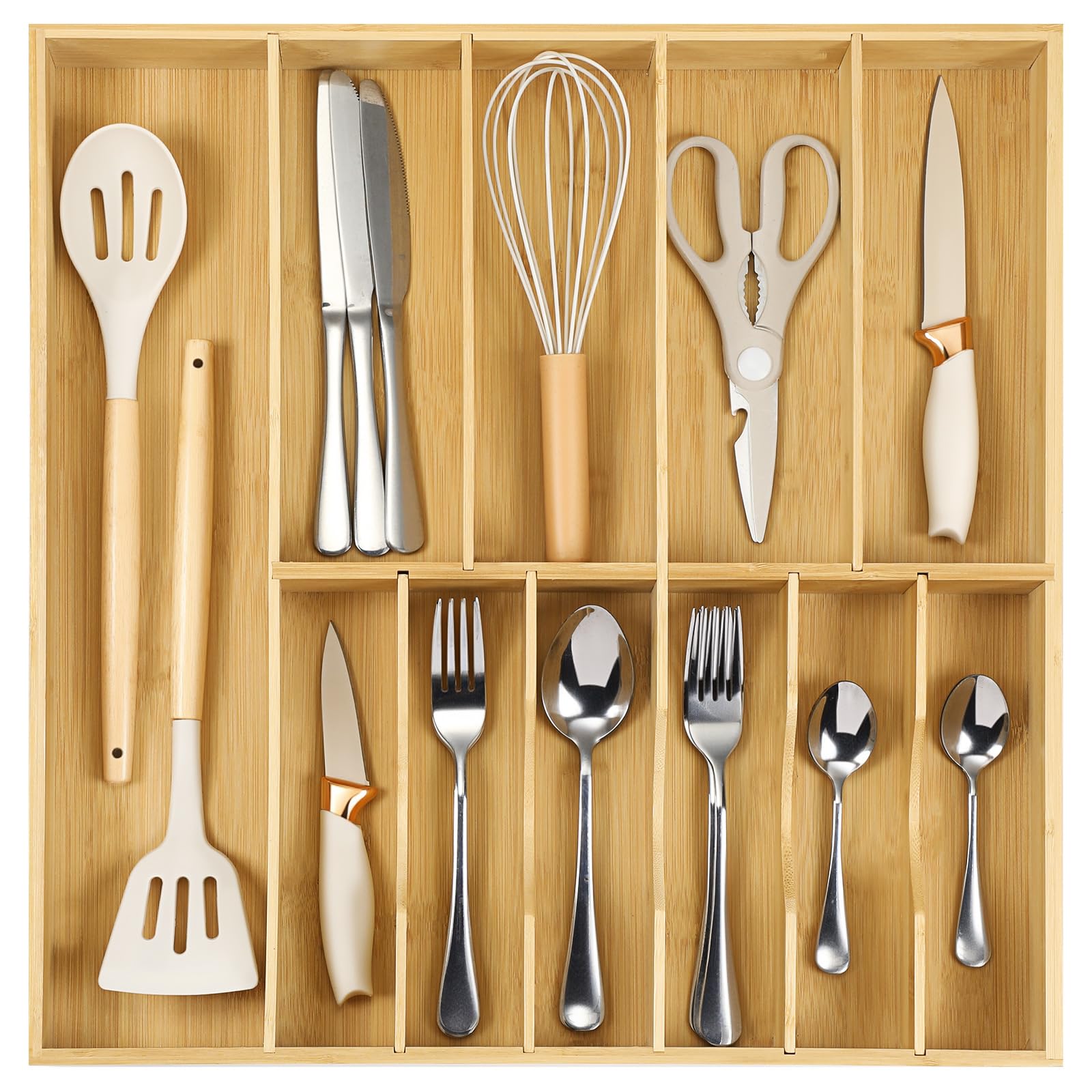 Fabsome Besteck-Organizer für Küchenschubladen, 6,3 cm tief, 47,8 cm breit, Besteckablage aus Bambusholz mit tiefen Schlitzen für große Besteck-Utensilienschublade