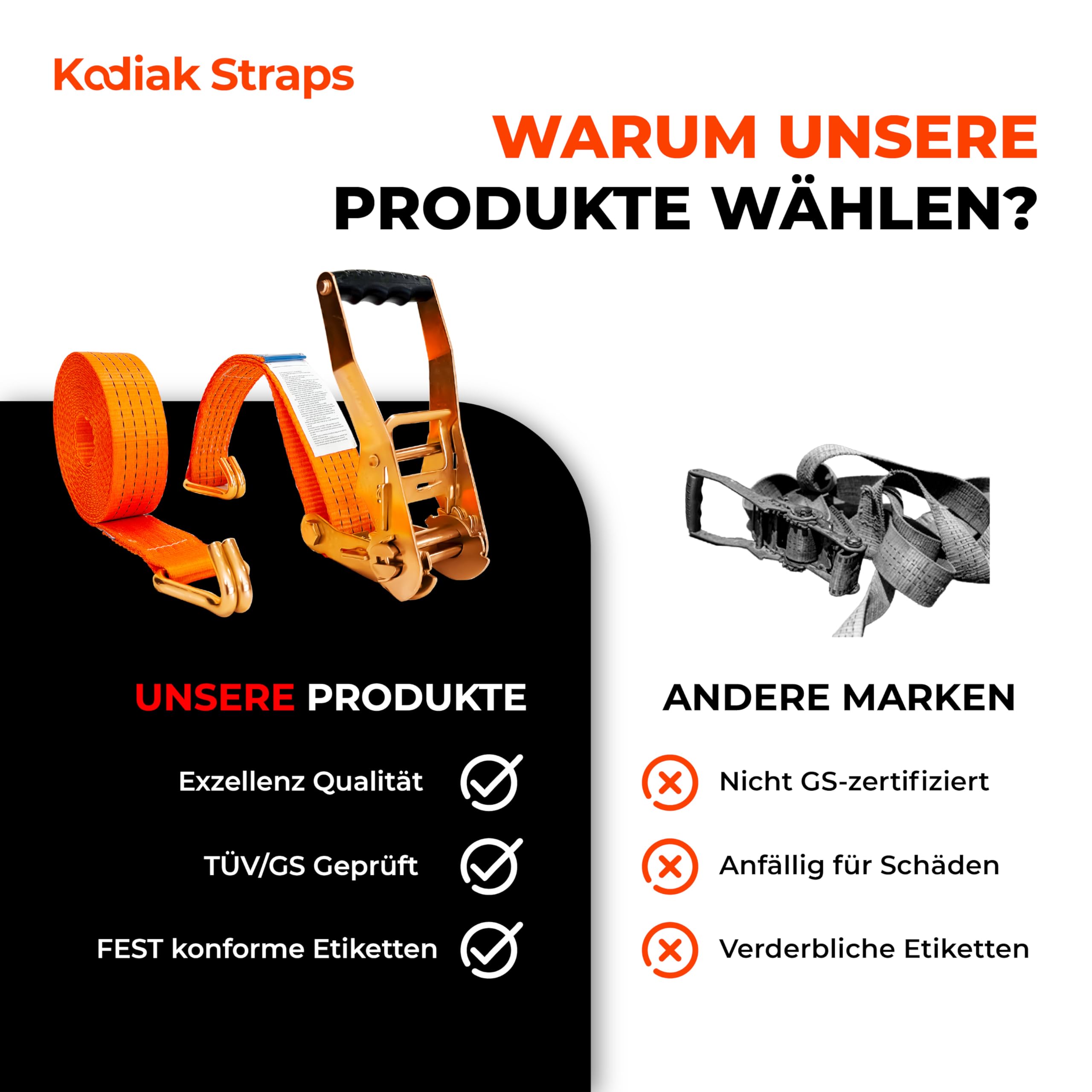 4 Stück Spanngurte 8m x 4000kg mit Ratsche und Haken - 50mm Zurrgurte mit Ratsche - Orange Ratschengurt für Ladungssicherung - TÜV/GS geprüft nach DIN EN 12195-2 - KODIAK STRAPS