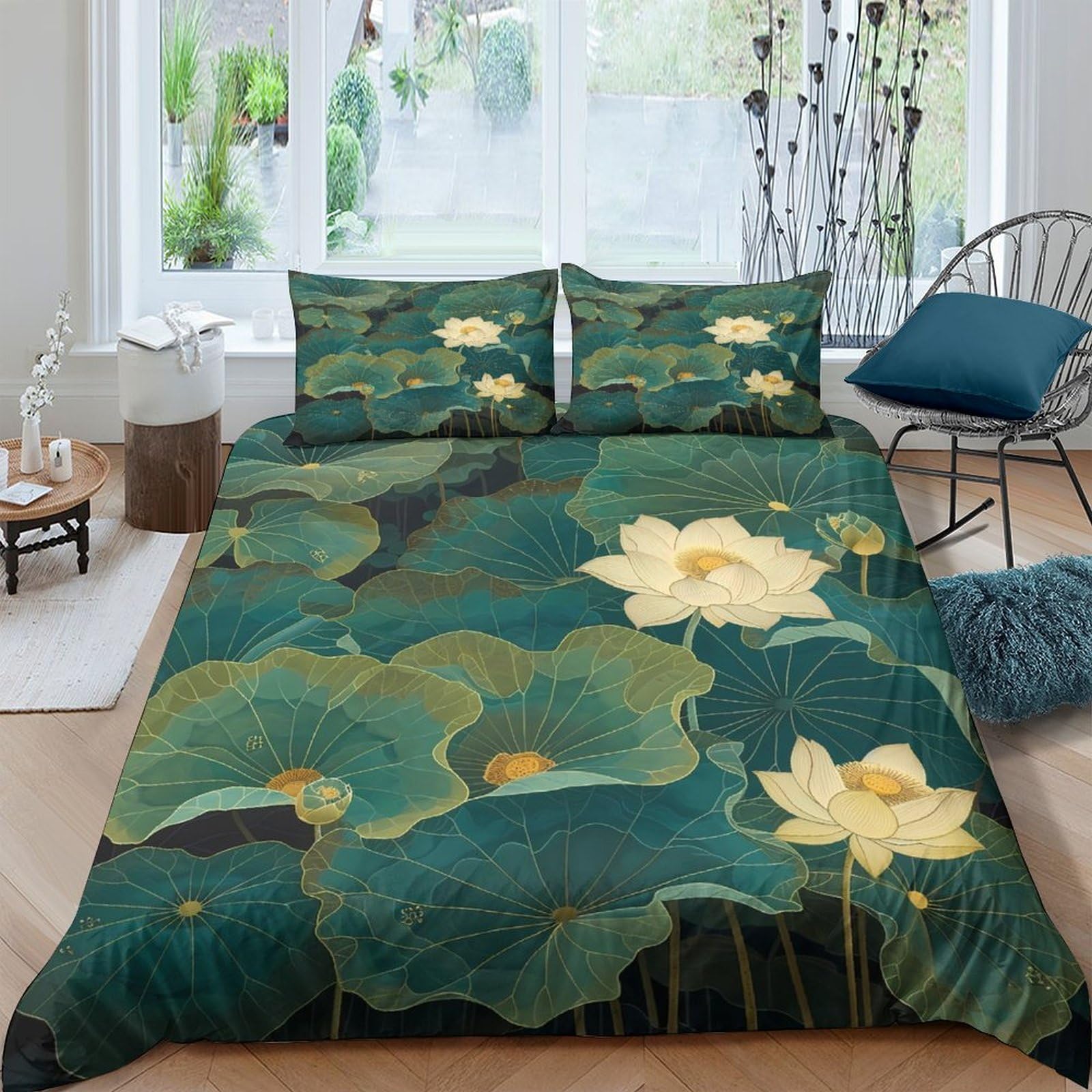 Ctjqhvkz Style-8 3D Printed Lotus Pond Fitted Sheet Microfiber Soft Yellow Green Waterlily Bed Cover Bedroom Decor Mattress Protection Single（135X200cm）
