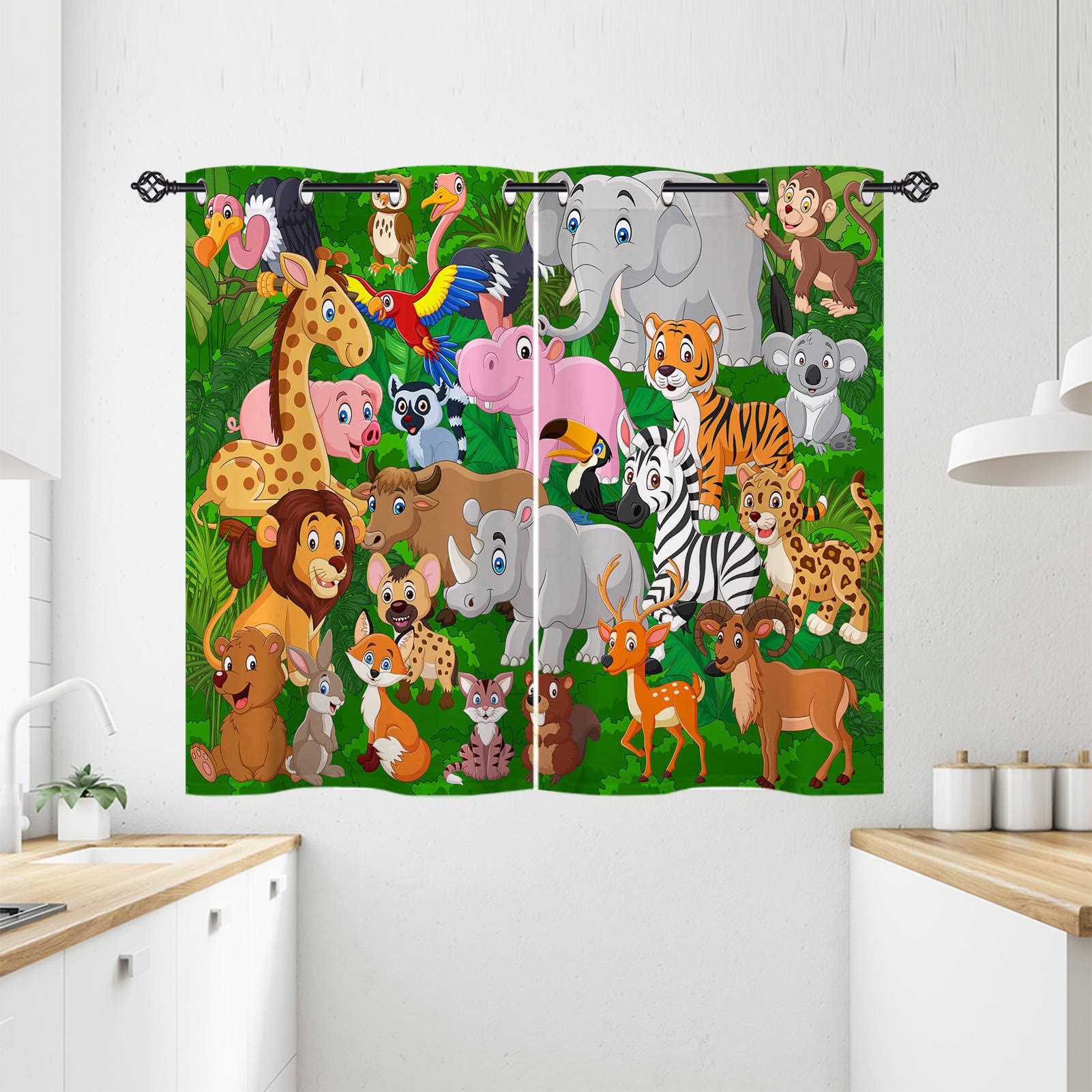 ANHOPE Animal Curtains Eyelet 80% Blackout Room Darkening Curtains Jungle Safari Wildlife Print Pattern Thermal Light Blocking Window Drapes for Kids Bedroom Living Room 28 x 54 Inch Drop 2 Panels