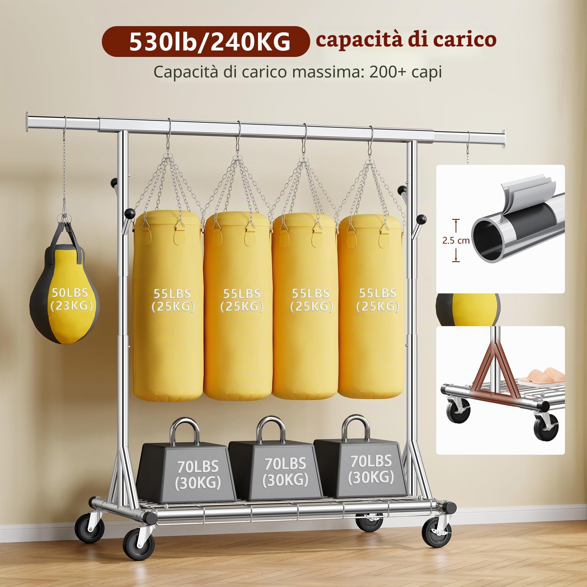 FAVOOSTY Stand Appendiabiti con Ruote, Attaccapanni Estensibile per Carichi Pesanti, Portata Totale 200 kg - 50 x (106-176) x 170 cm, installazione rapida 1 minuto,Argento