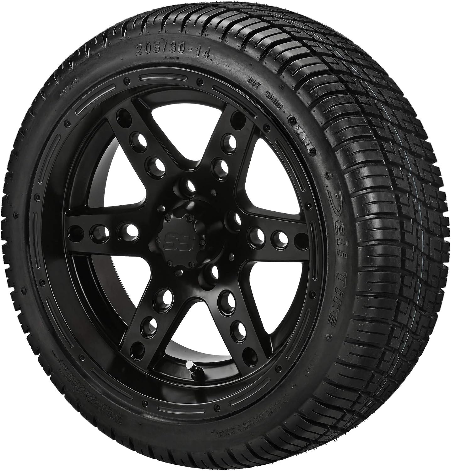 RM Cart 14" Chaos Black/Machined on a 205/30-14 Deli Tires (Set of 4) | Golf Cart Tires and Wheels Combo with Standard Lug Nuts
