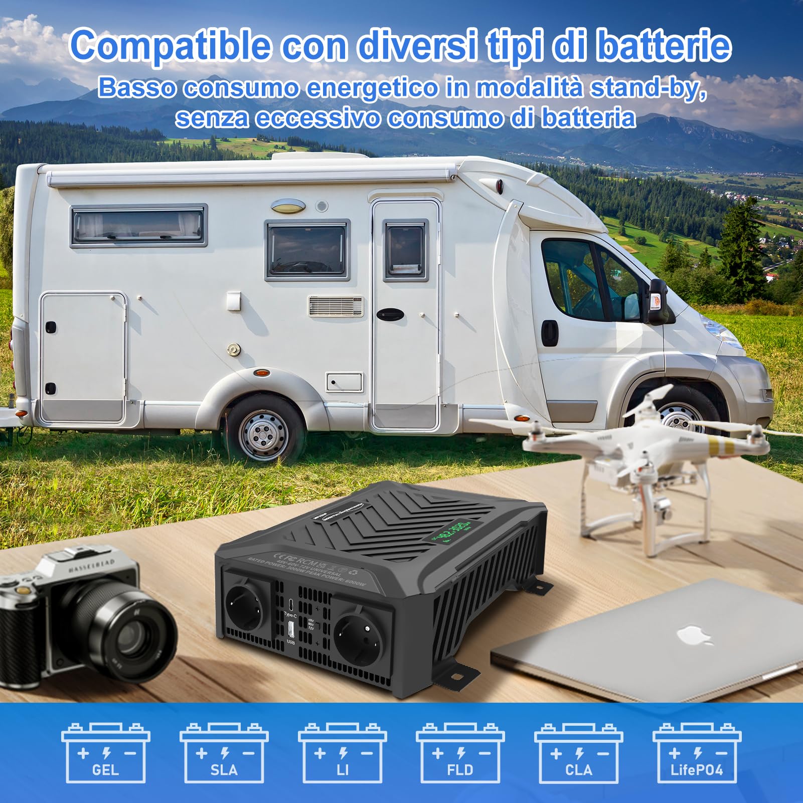 Power Inverter 48V/60V/72V a 230V Onda Pura 3000w/6000w, Convertitore di Tensione con Sistema di Rilevamento Intelligente, Ingresso Regolabile, Display LCD, 2 AC, 1 Type-C, 1 USB 5V 2.1A